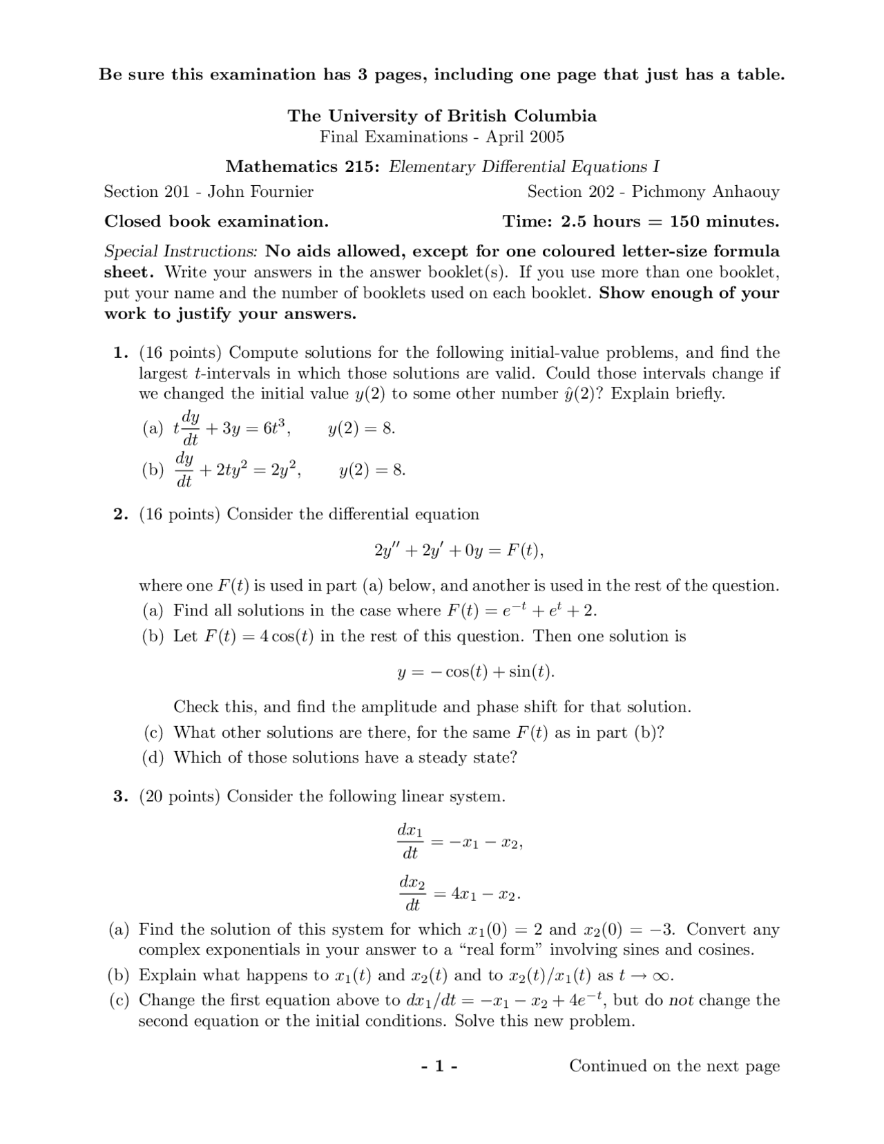 Solutions - Ordinary Differential Equations - Exam - Docsity
