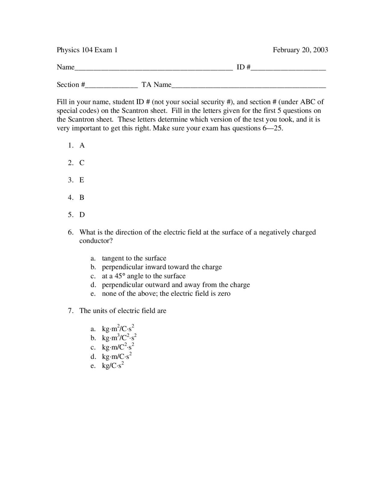 Physics 104 Exam 1 - February 2003 | Exámenes Física | Docsity