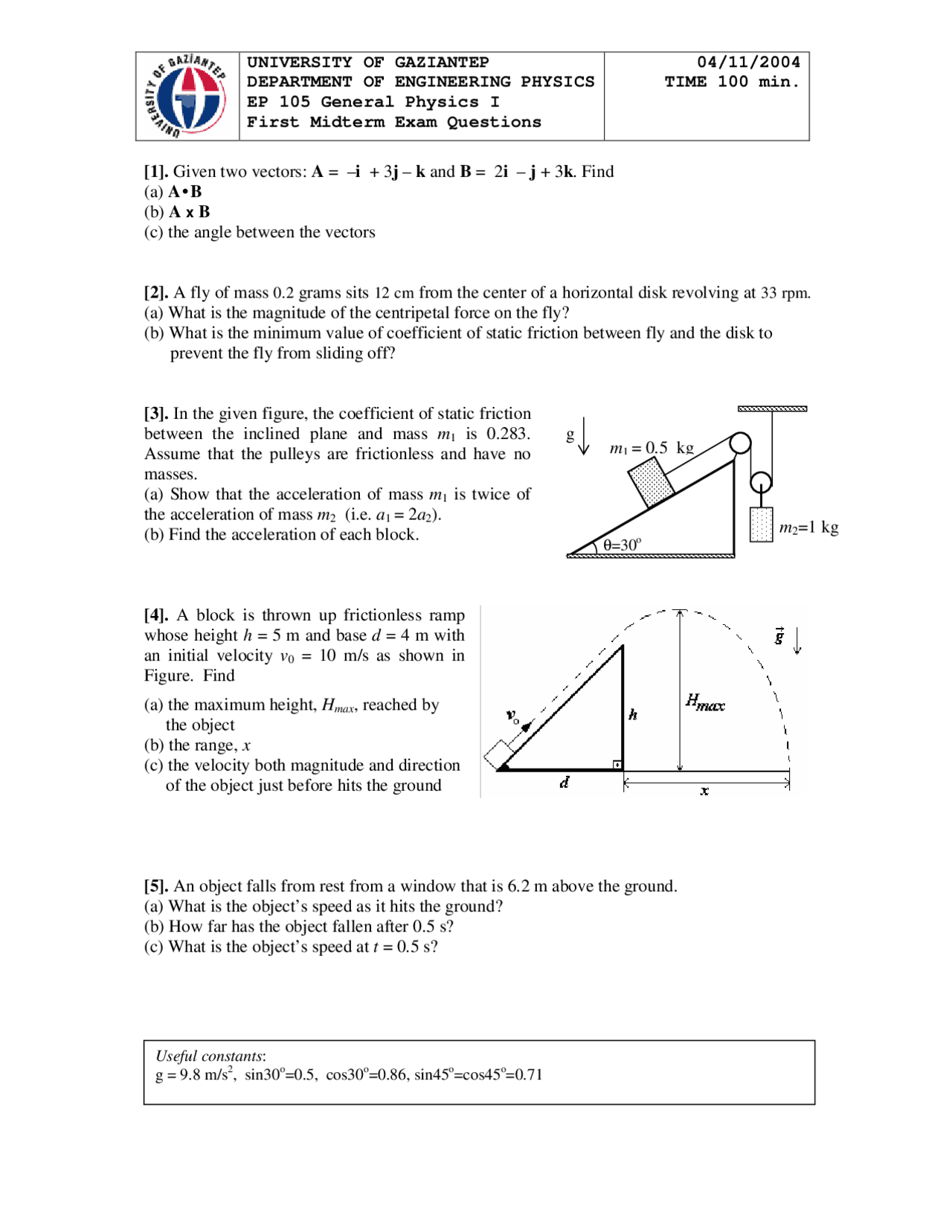 Angle between Vectors - General Physics - Past Paper - Docsity