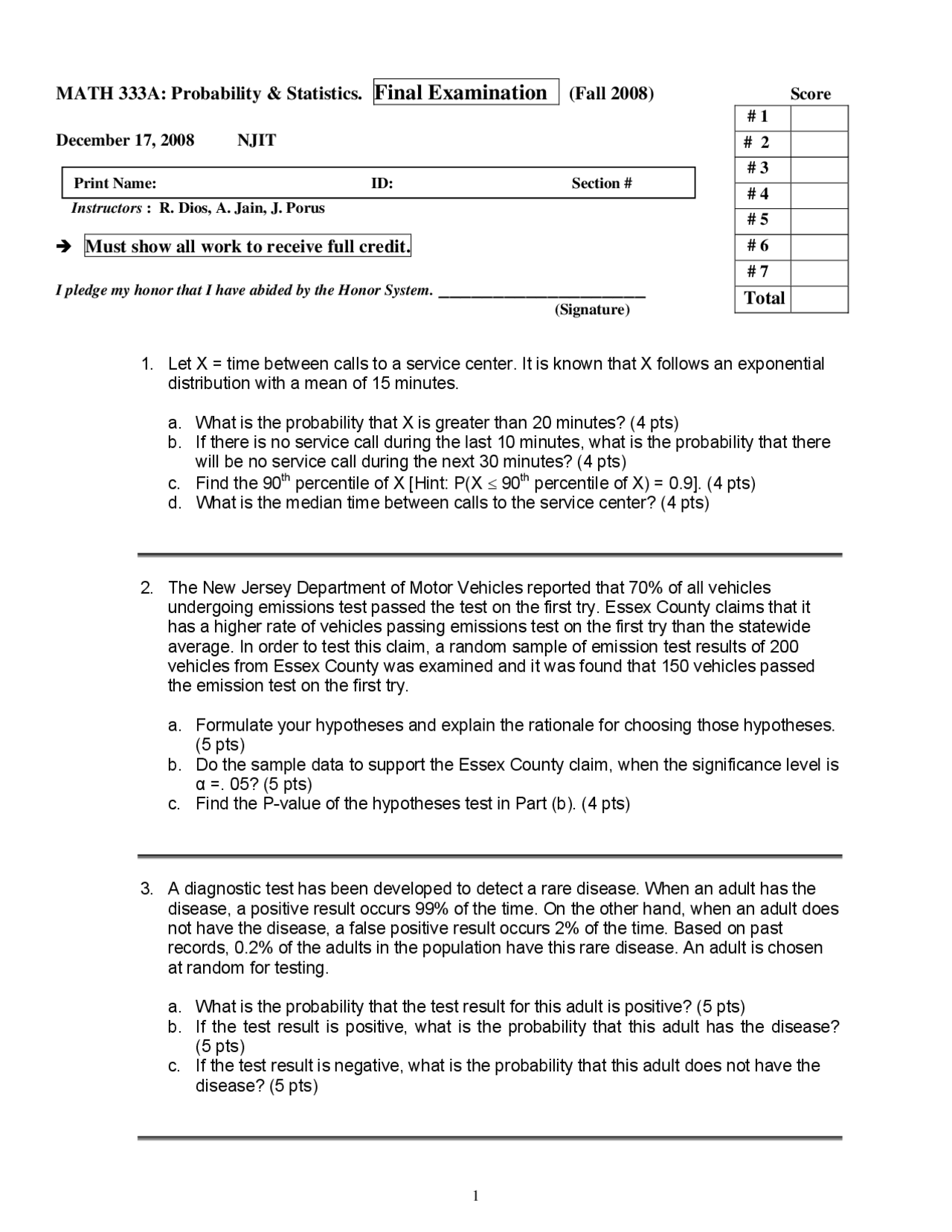 Statistics Probability Exam Probability - Probability and Statistics - Exam - Docsity