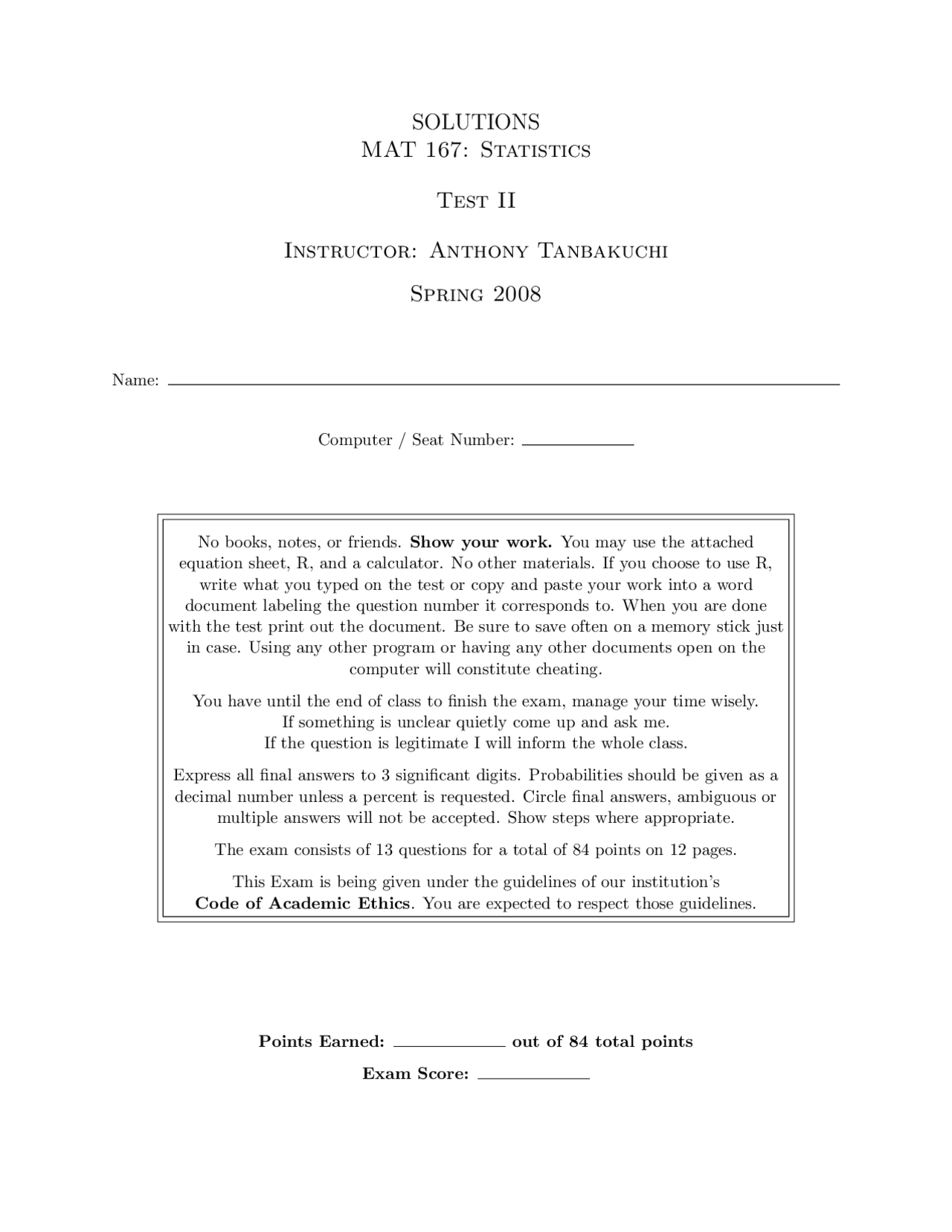 Mass - Introduction to Statistics - Solved Exam - Docsity