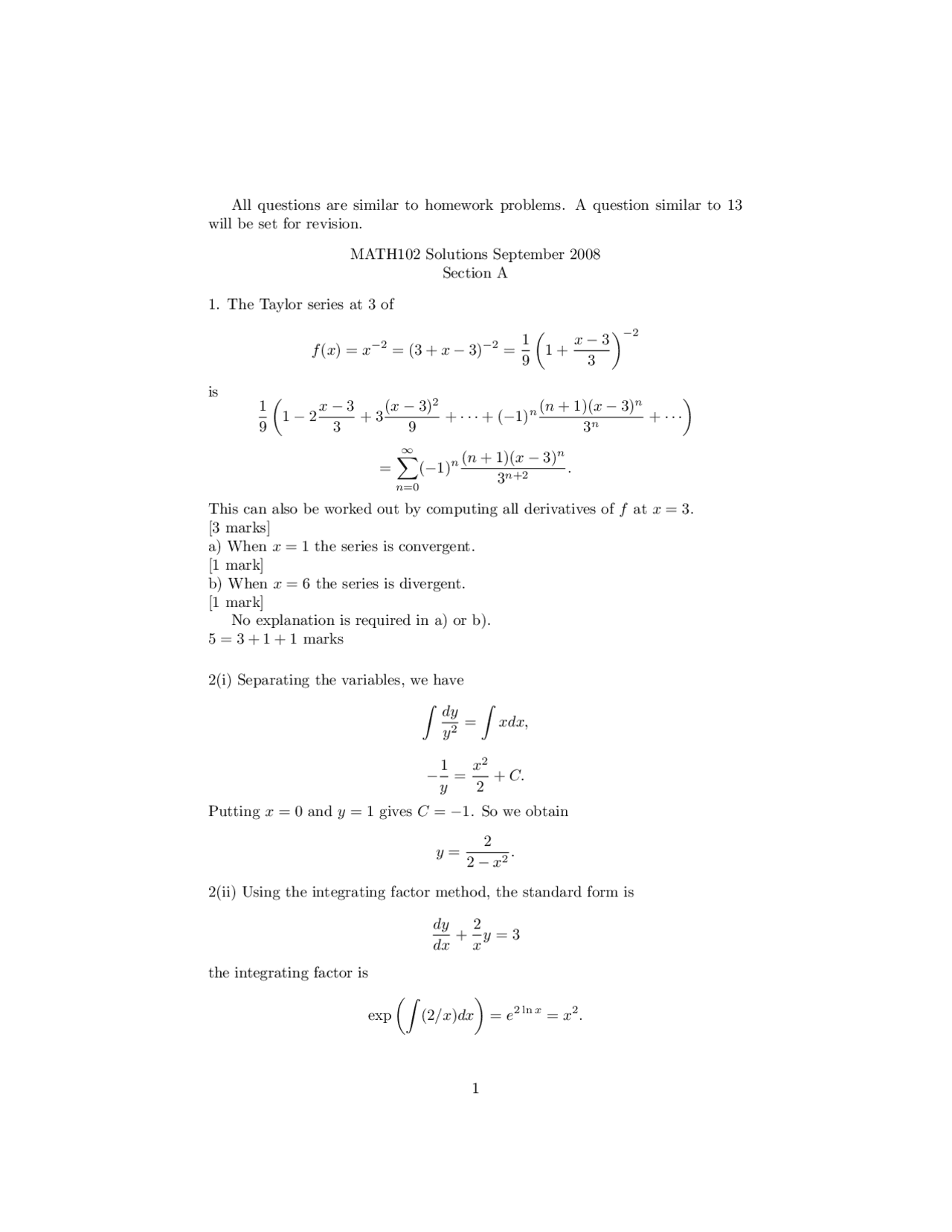 Taylor Series - Mathematics - Solved Exam - Docsity