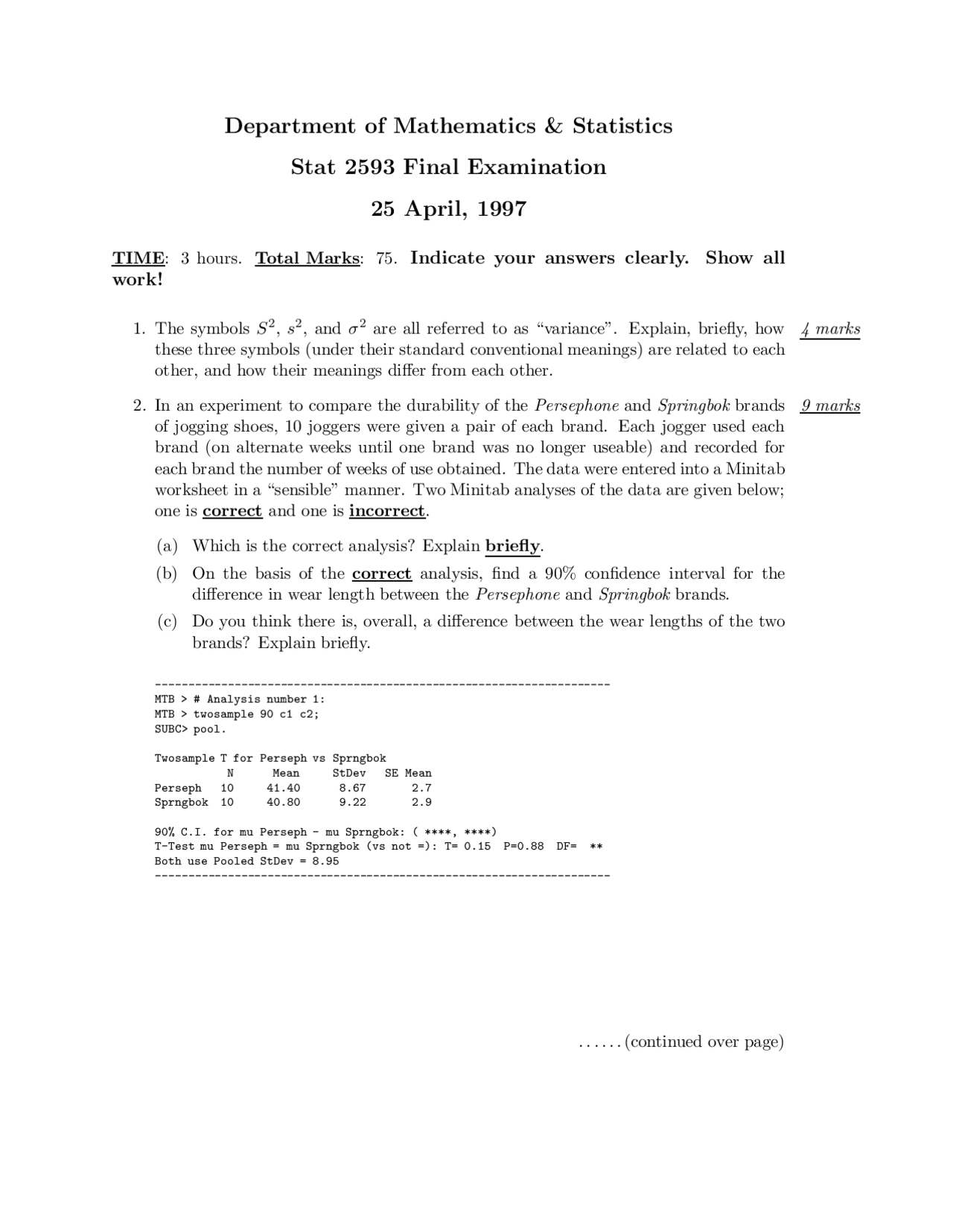 Sensible - Applications of Statistics - Exam - Docsity