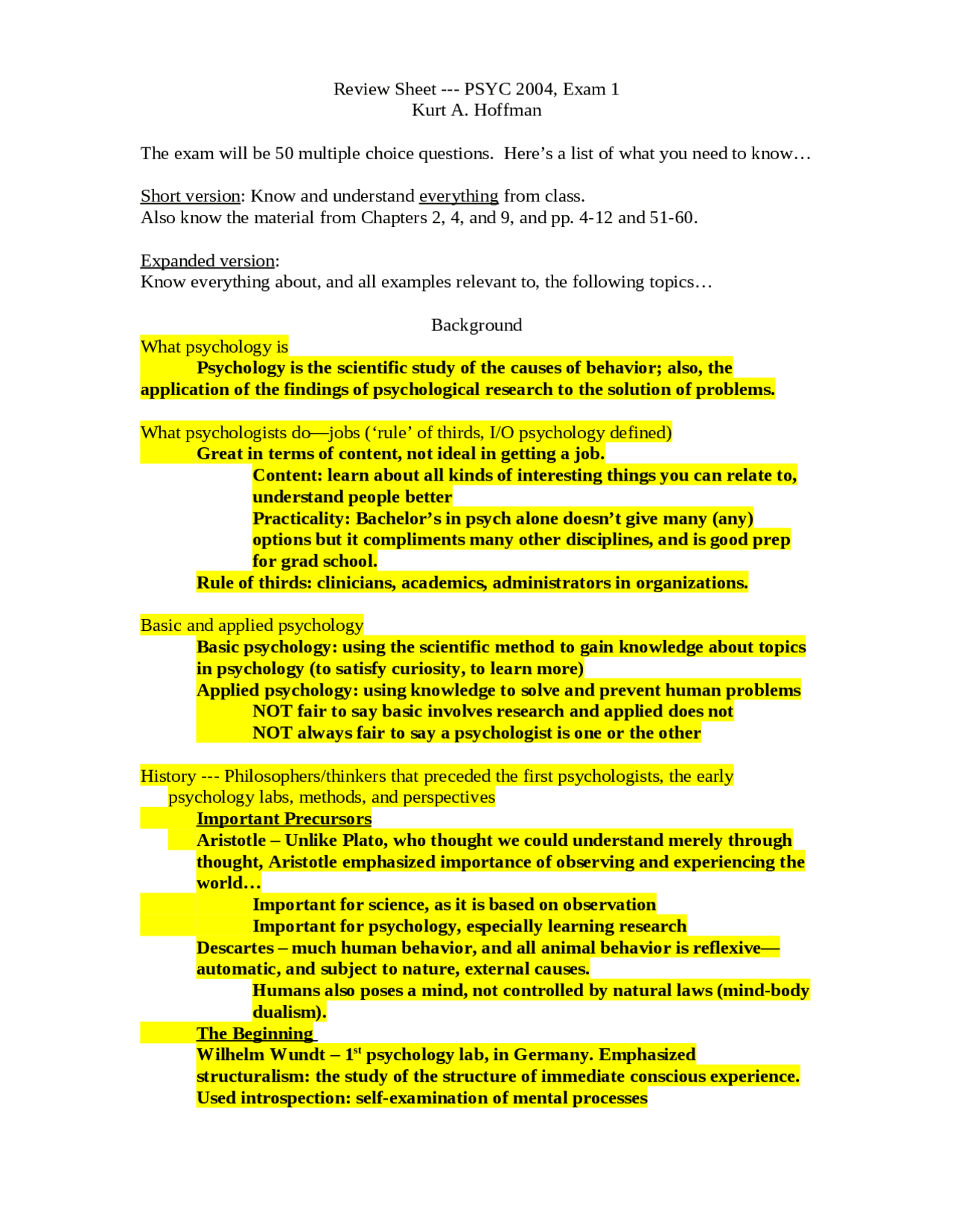 Review Sheet for Introductory Psychology | PSYC 2004 - Docsity