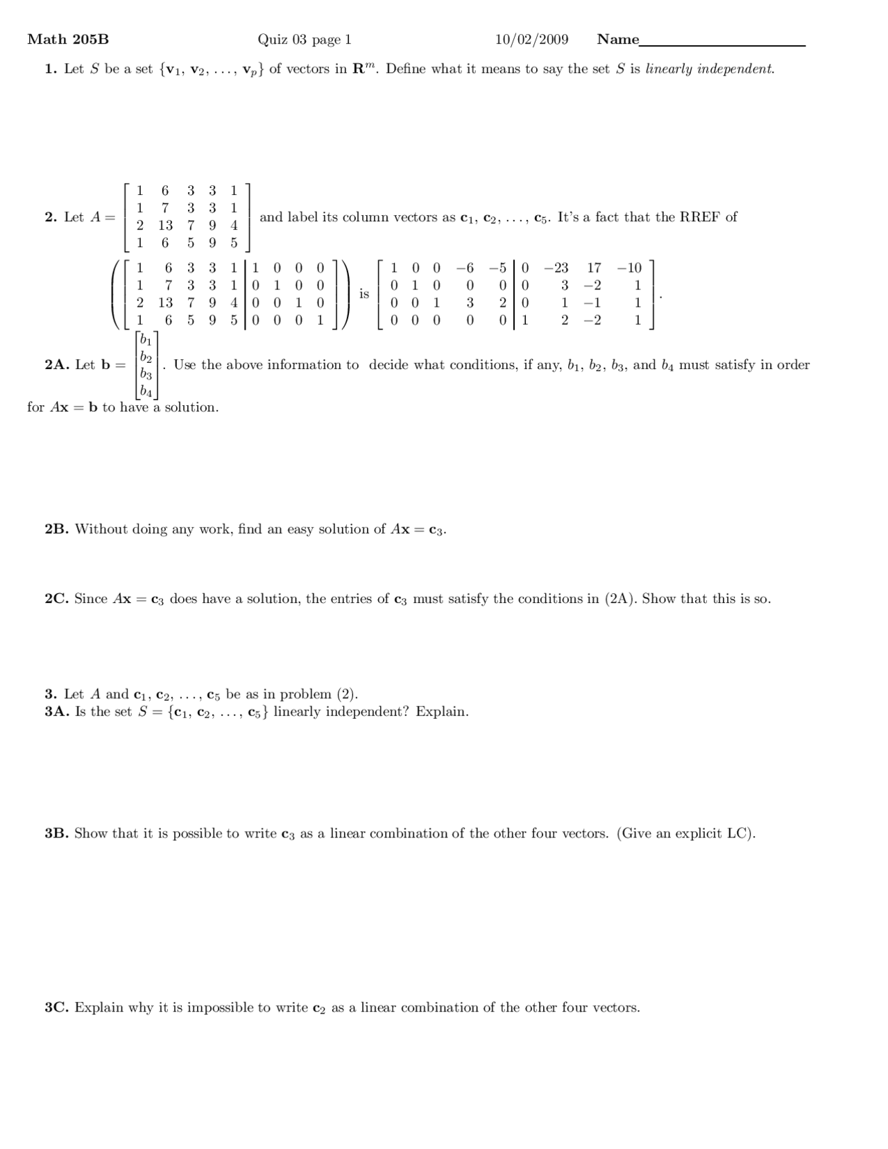 Satisfy - Linear Algebra - Quiz - Docsity