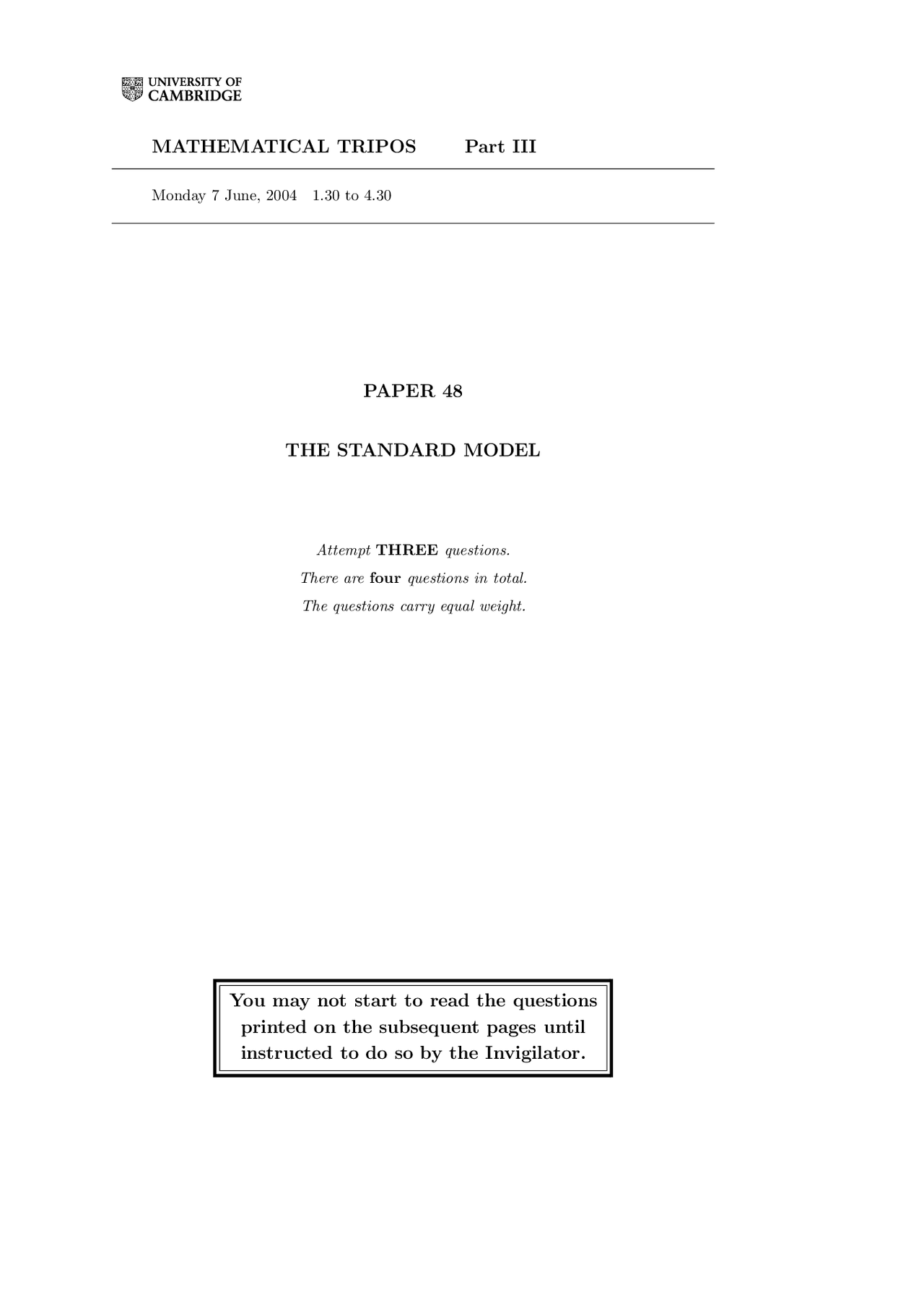 Standard Model - Mathematical Tripos - Old Exam - Docsity