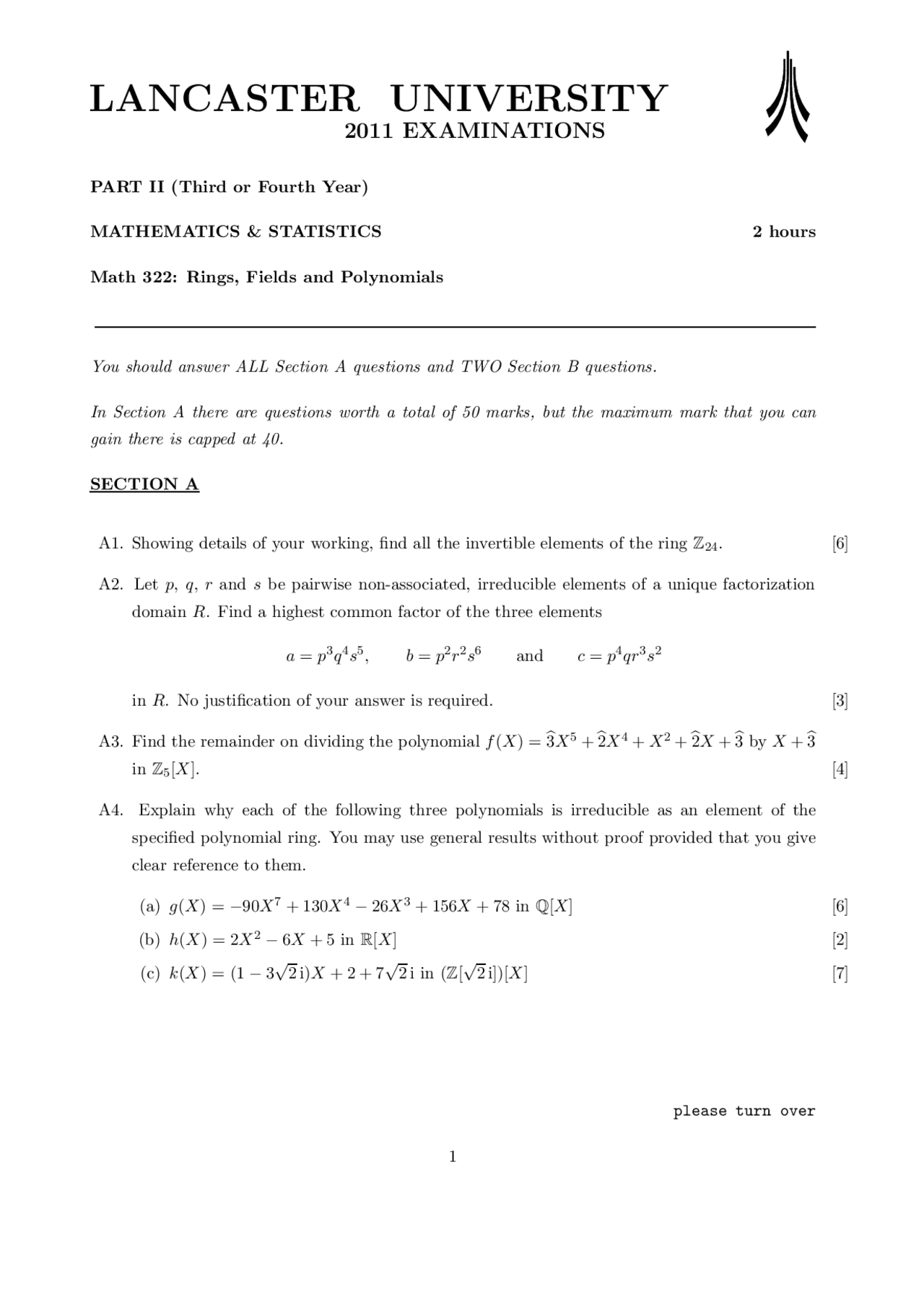 Highest Common Factor - Rings Fields and Polynomials - Exam - Docsity