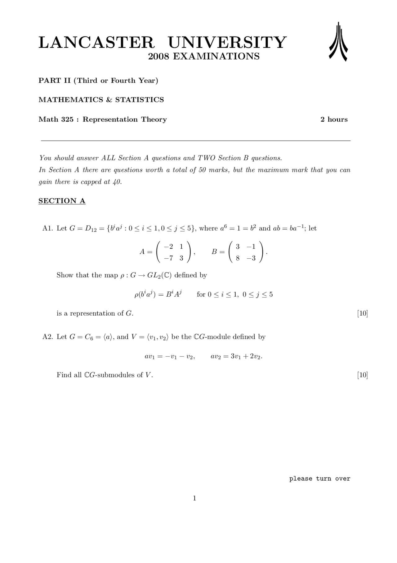 Representation - Representation Theory - Exam - Docsity
