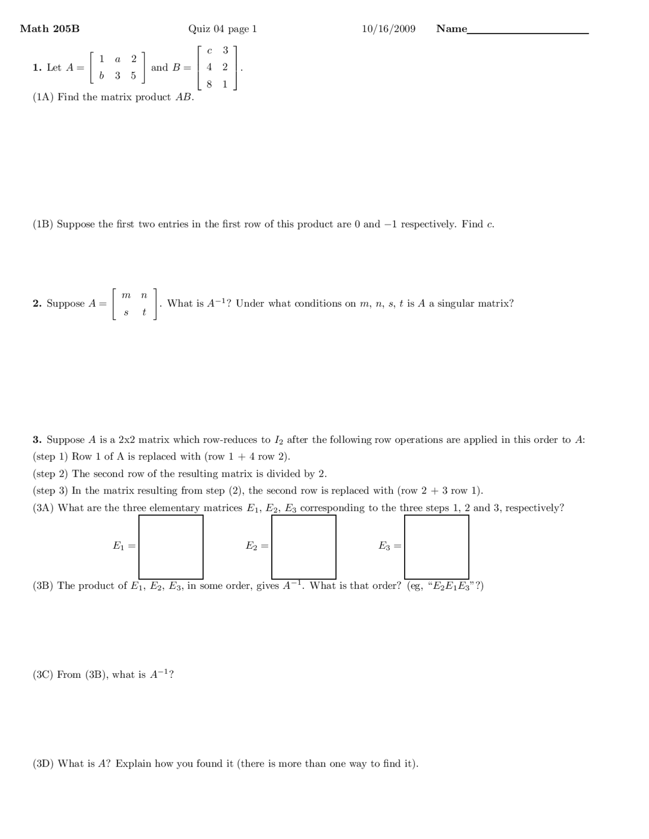 Two Entries - Linear Algebra - Quiz - Docsity