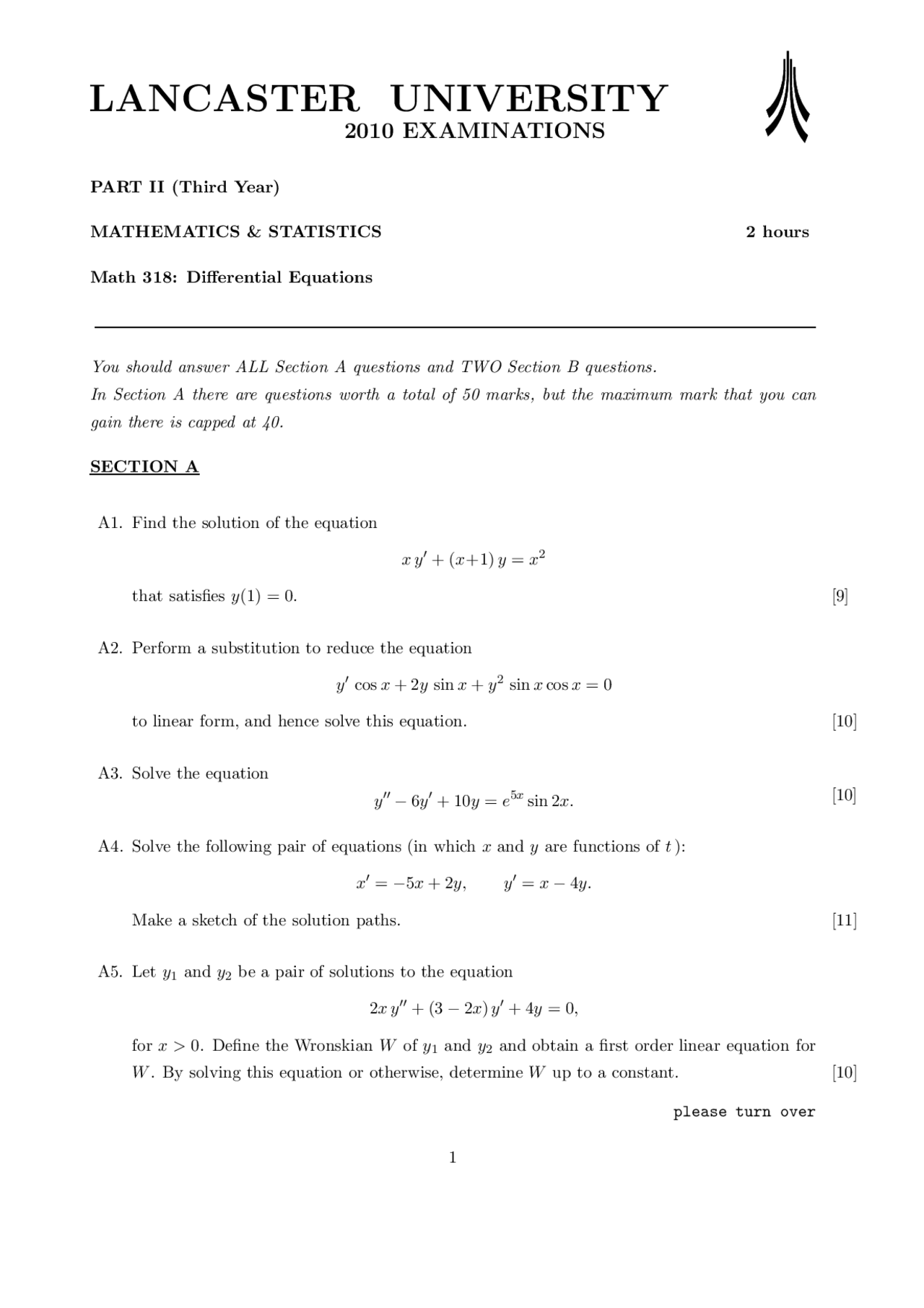 Substitution Differential Equations Exam Docsity