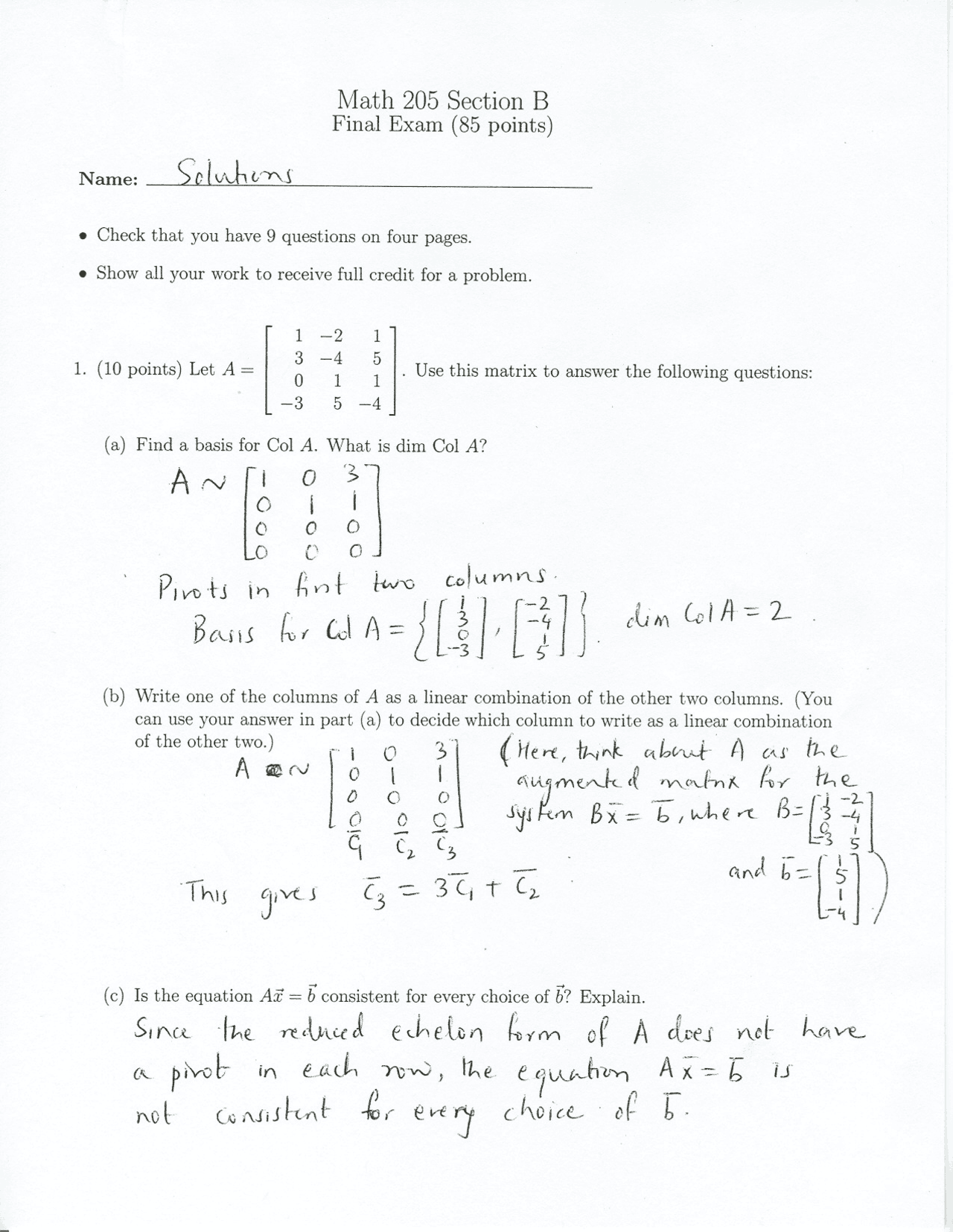 Columns - Linear Algebra - Solved Exam - Docsity