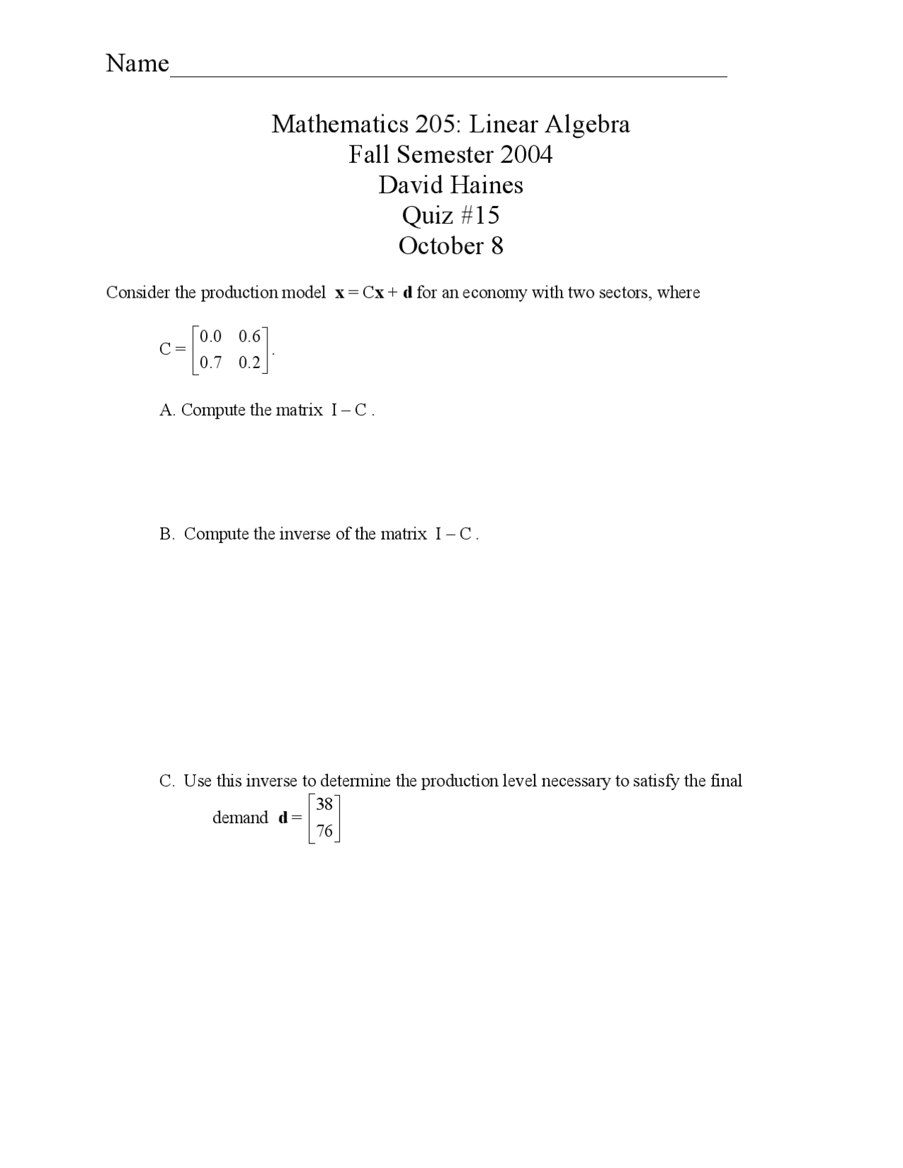 Production Model Linear Algebra Quiz Docsity