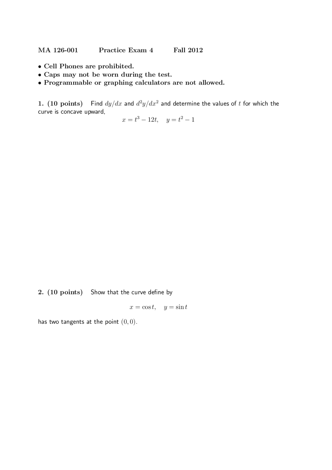 Exam 4 - Calculus II - Fall 2012 | MATH 126 | Study notes Calculus ...