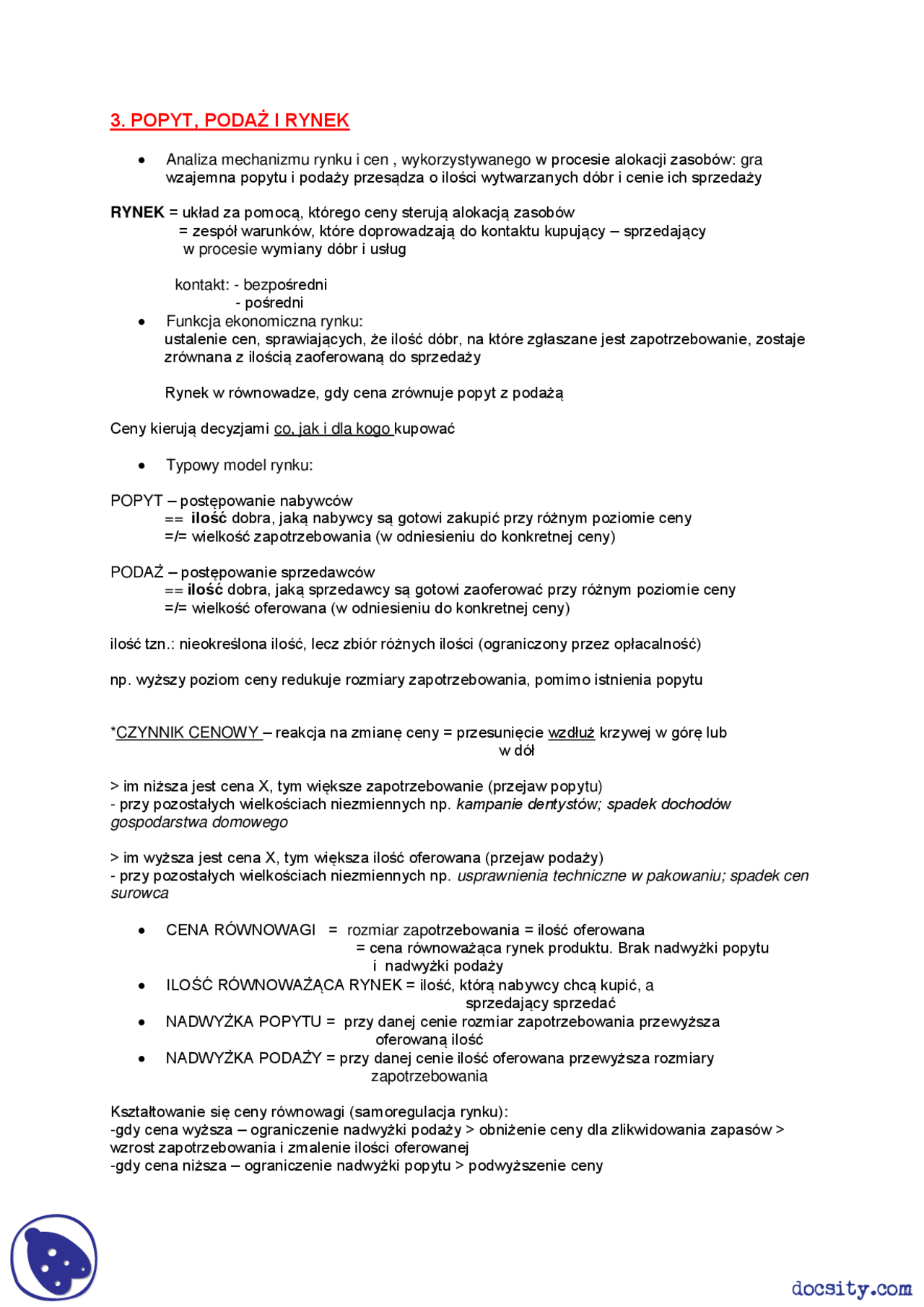 Popyt, podaż i rynek - Notatki - Ekonomia - Docsity