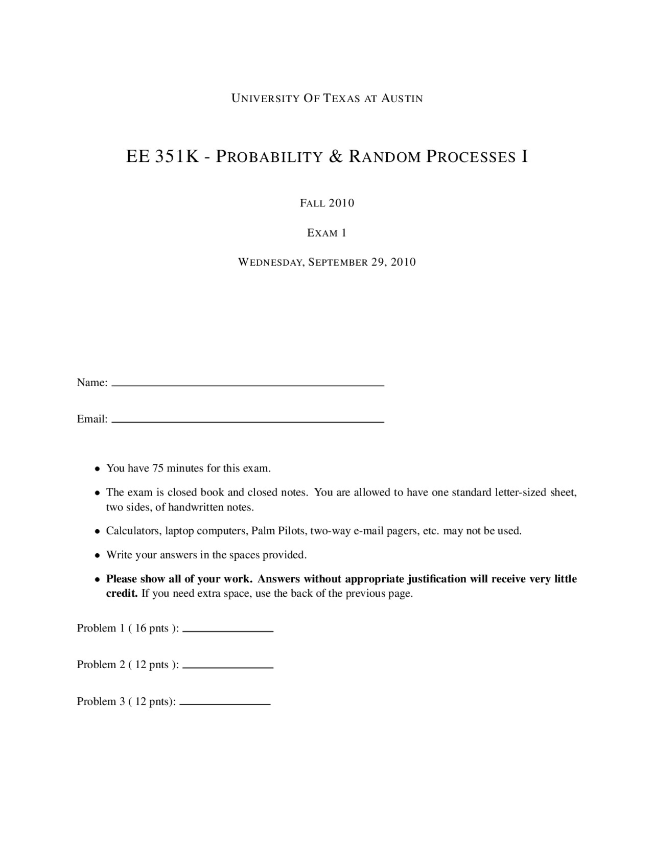 Exam 1 Questions | Probability and Random Processes | E E 351K - Docsity