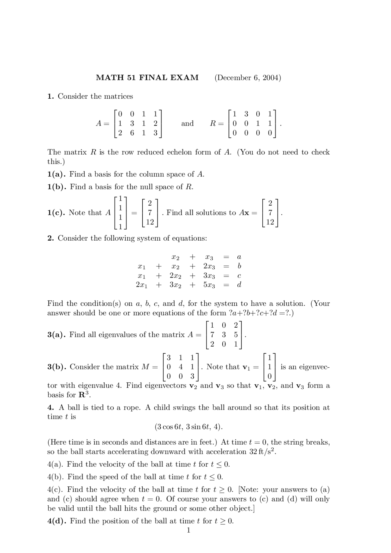 Column Space - Linear Algebra and Multivariable Calculus - Final Exam ...