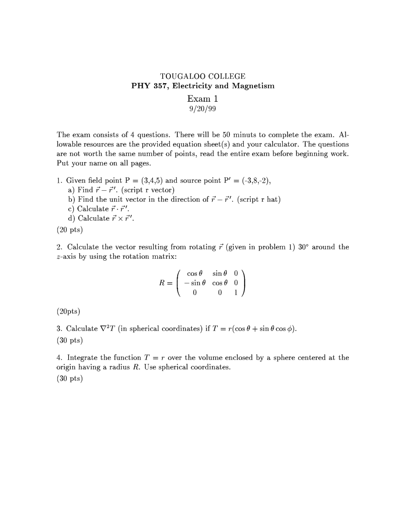 Unit Vector - Electromagnetic Fields - Exam - Docsity
