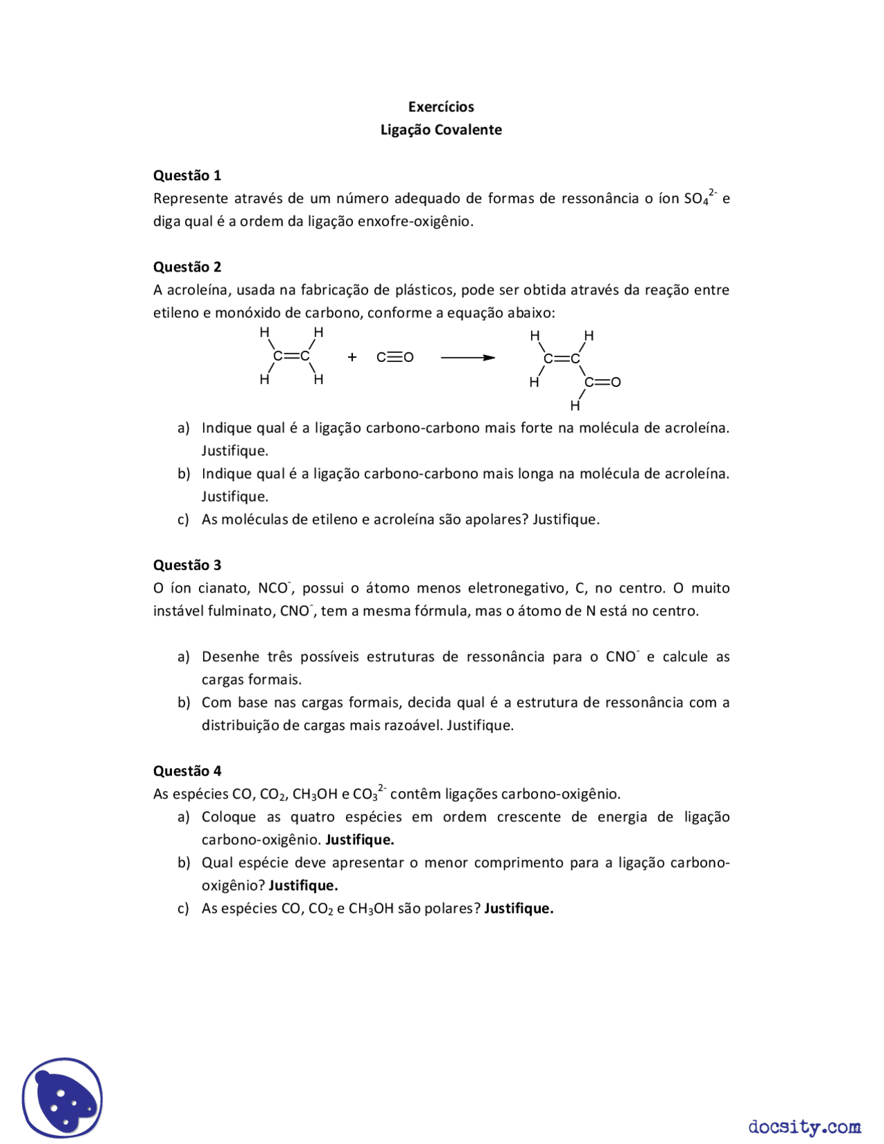 Ligação Covalente - Exercícios - Química - Docsity