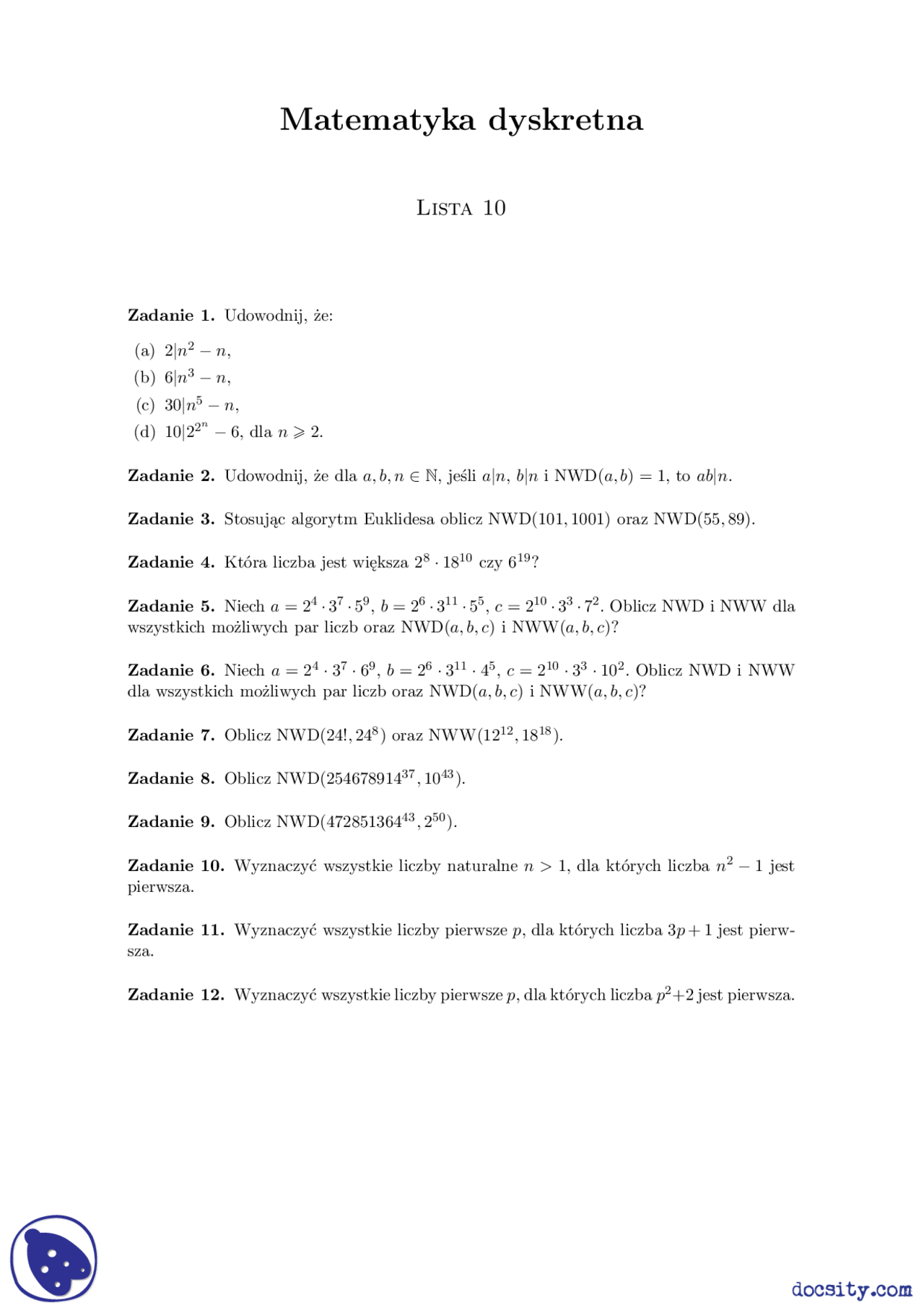 Analityczna Teoria Liczb ćwiczenia Matematyka Dyskretna Docsity
