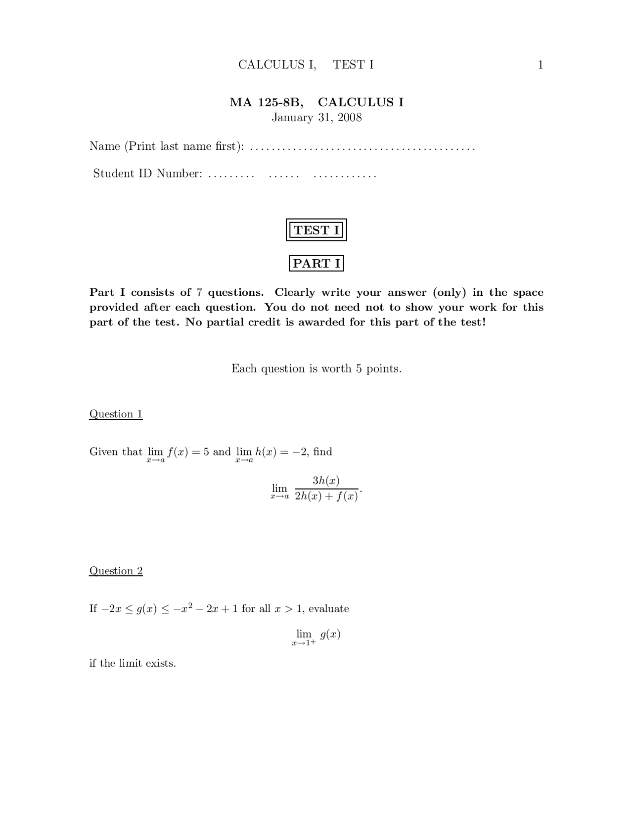 Example of Function - Calculus I - Exam - Docsity