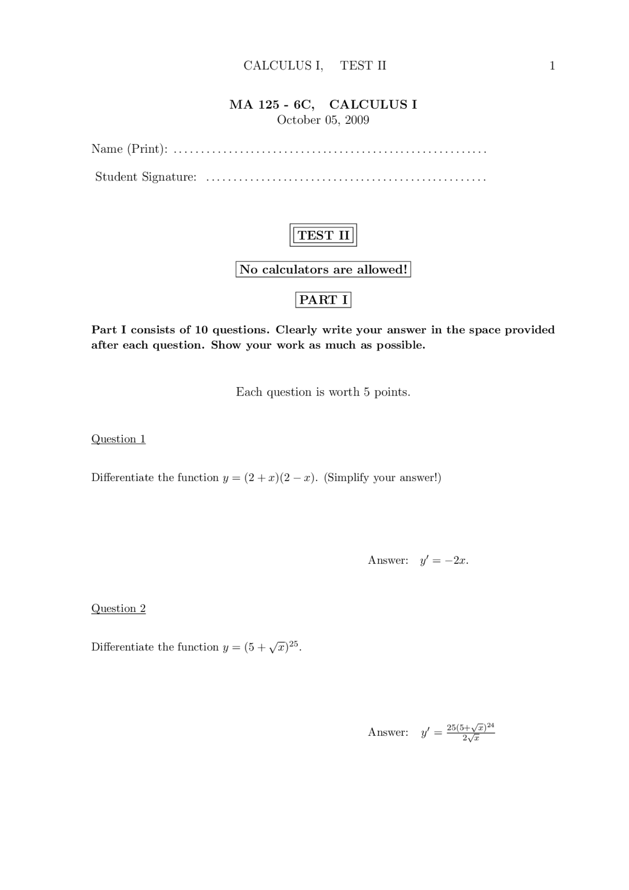 Calculus I Test II: Differentiating Functions | Exams Calculus | Docsity