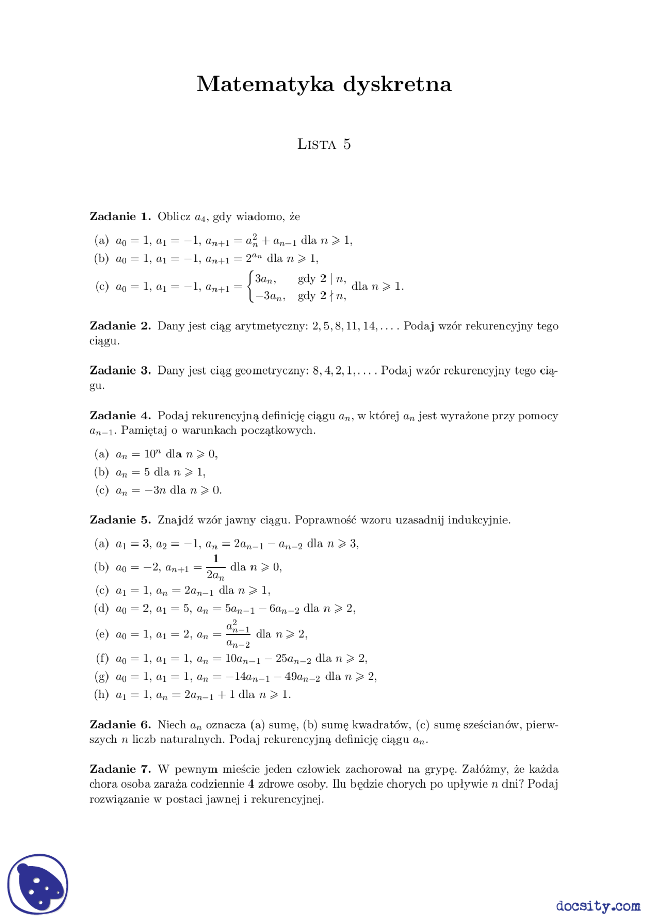 Ciągi ćwiczenia Matematyka Dyskretna Docsity
