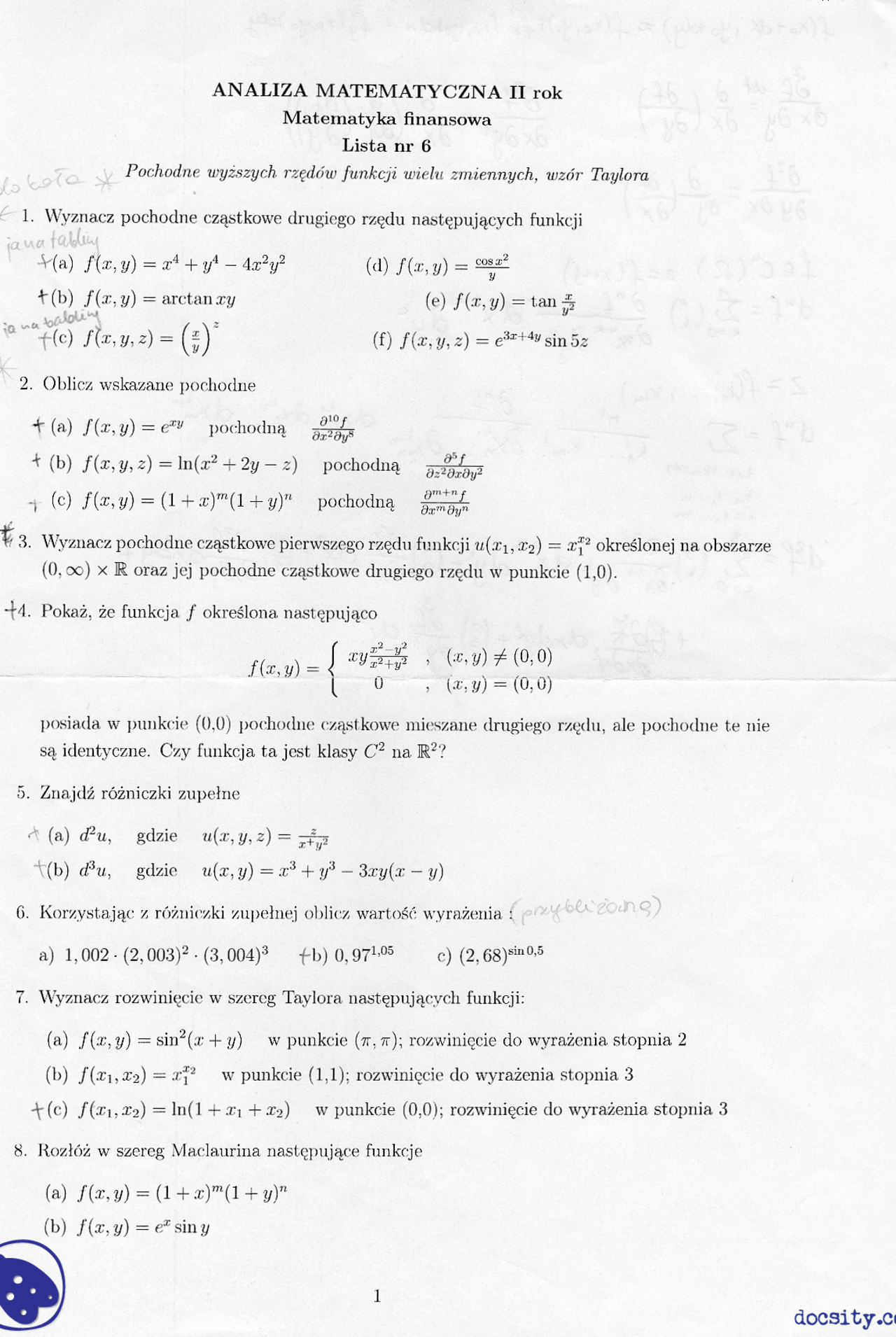 Pochodne Wyzszych Rzedow Wzor Taylora Cwiczenia Analiza Matematyczna 2 Docsity