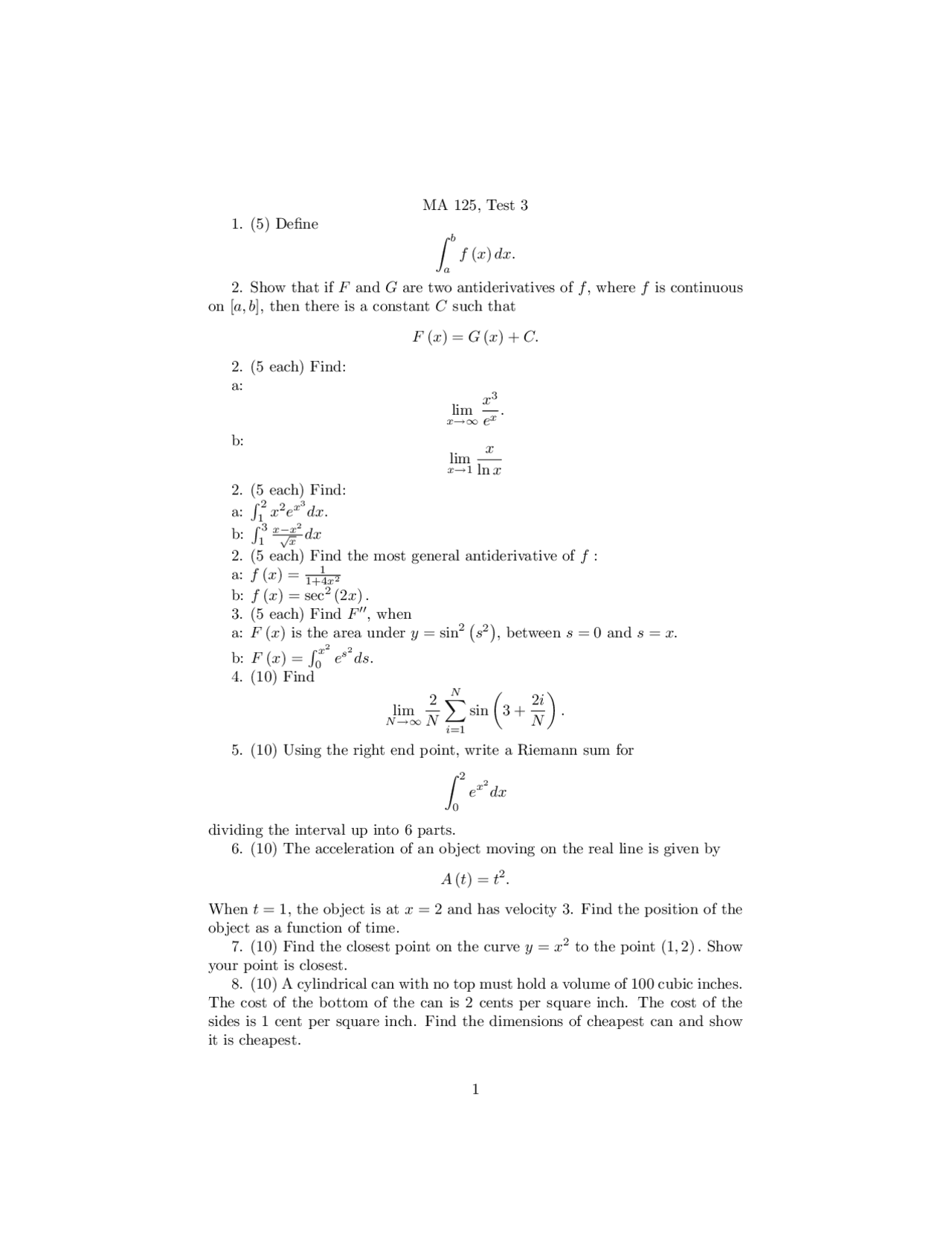MA 125, Test 3 - Calculus Exam | Exams Calculus | Docsity