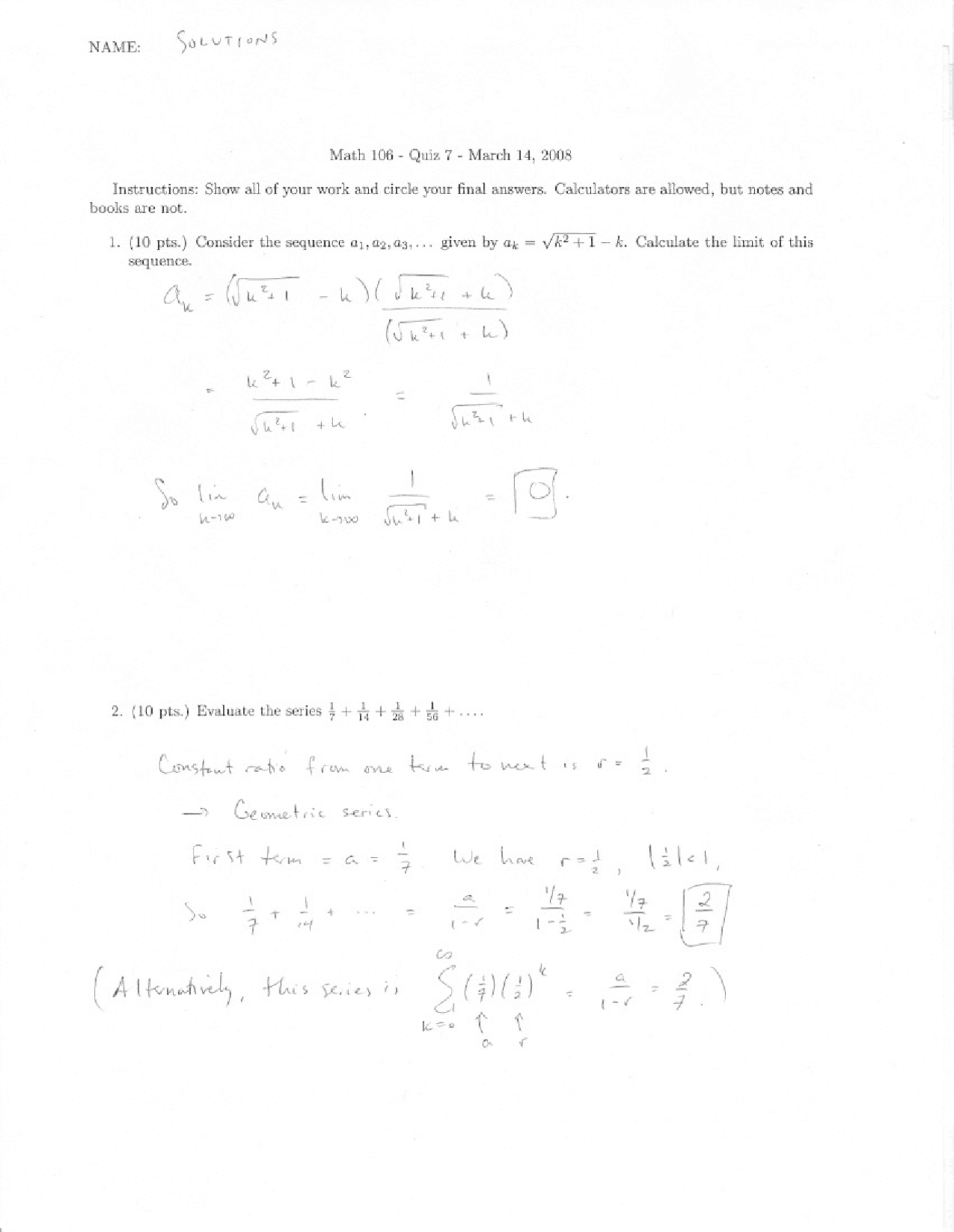 Limit - Calculus - Solved Quiz - Docsity