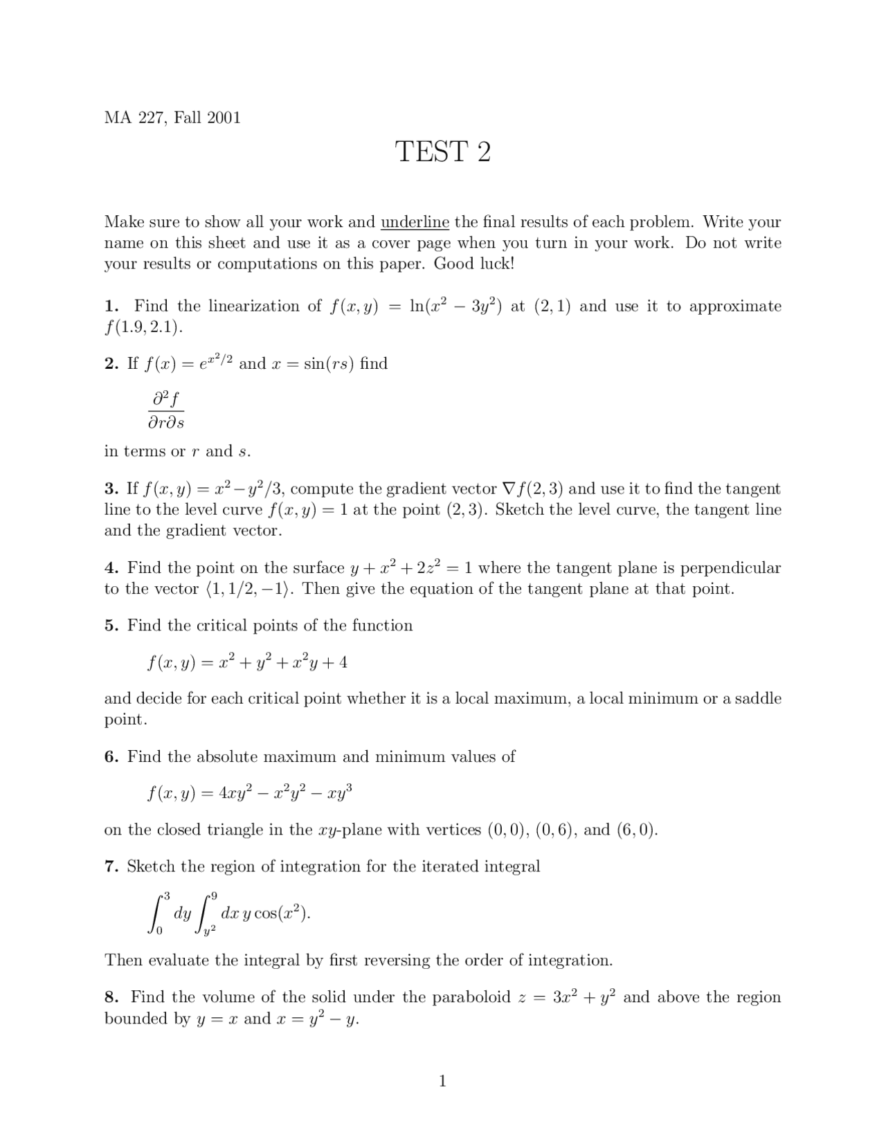 Gradient Vector - Calculus III - Exam - Docsity