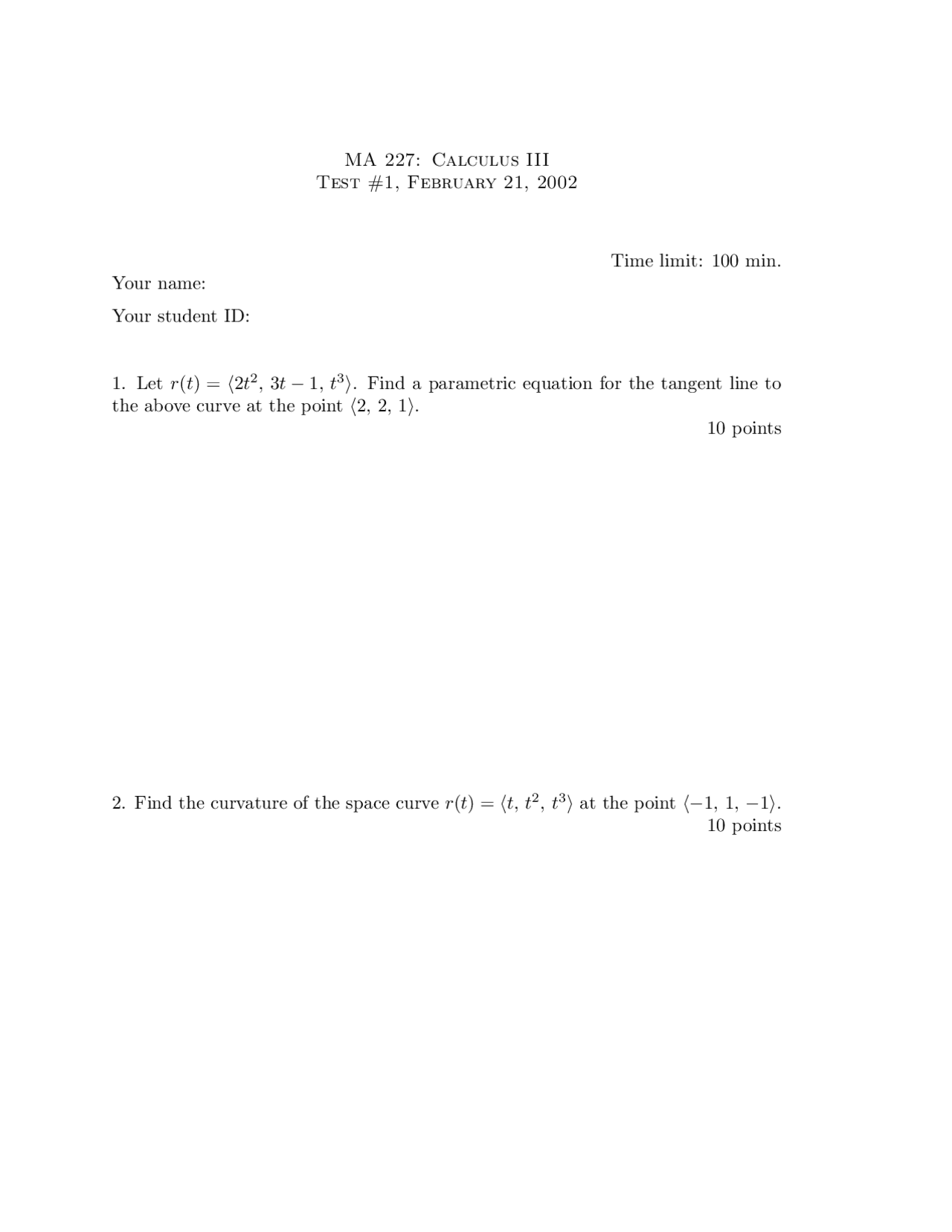 Normal Components Calculus III Exam Exams Advanced Calculus Docsity