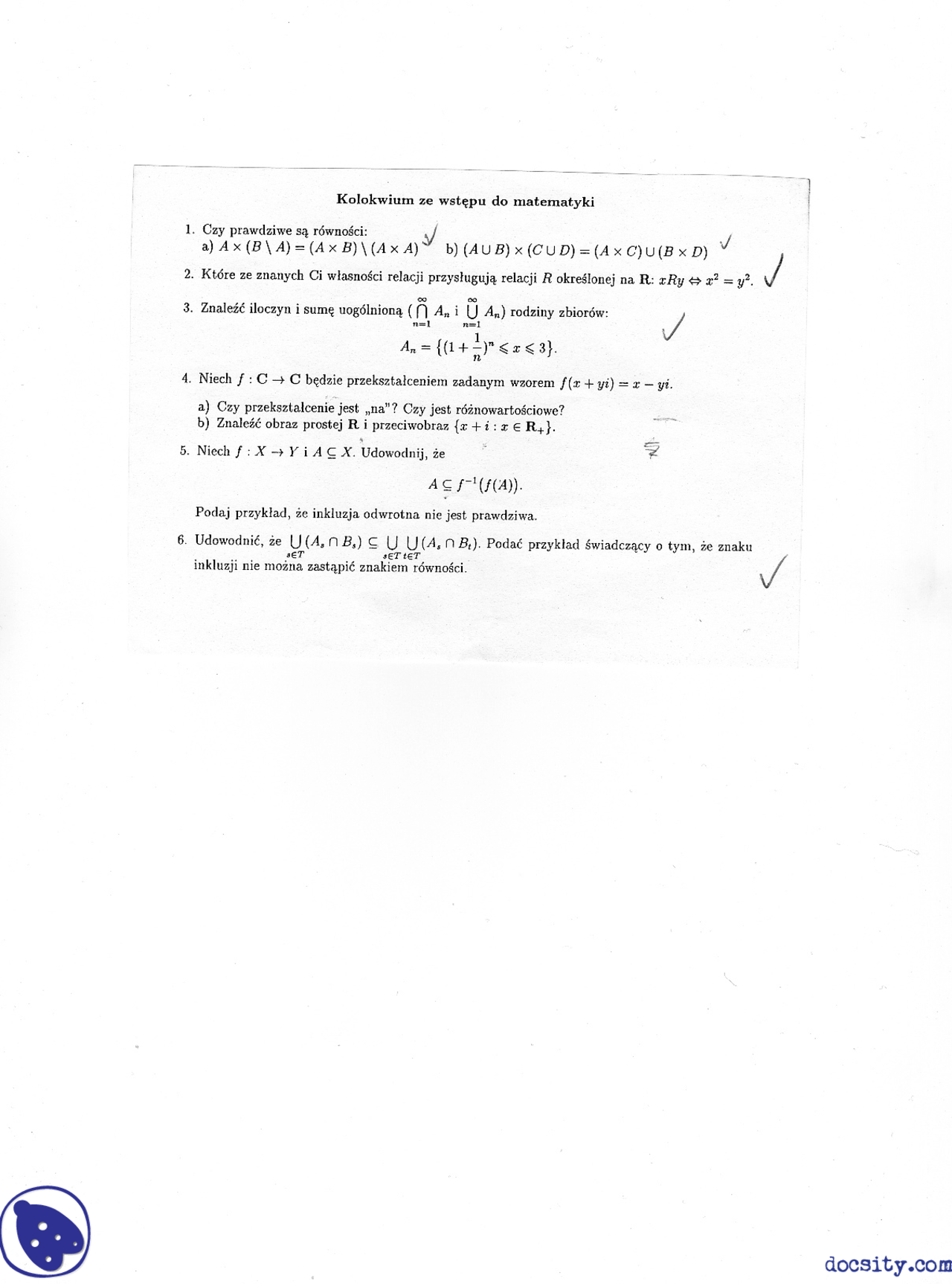 Relacje Przeksztalcenia Operacje Na Zbiorach Egzamin Wstep Do Matematyki Docsity