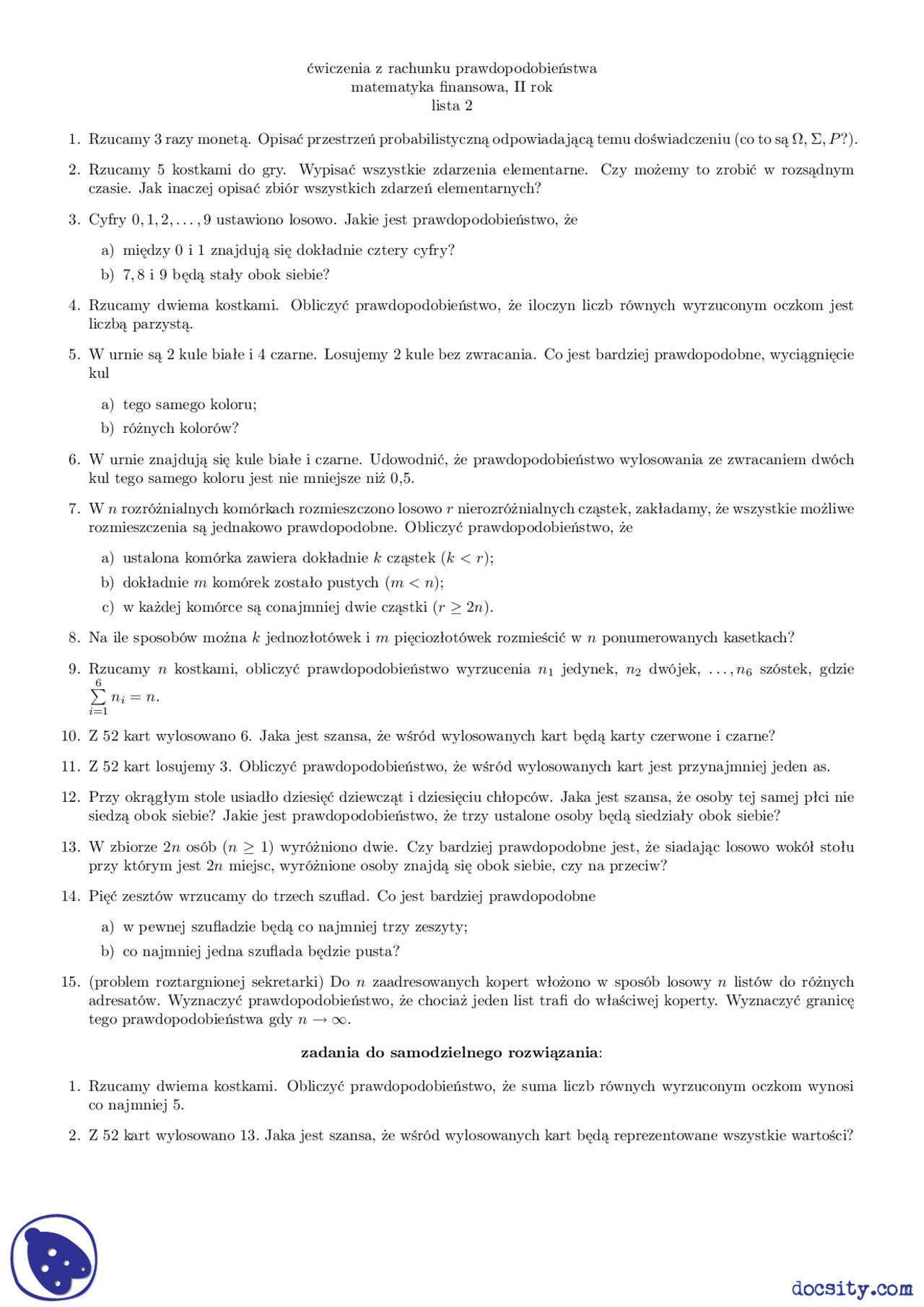 Prawdopodobieństwo zdarzeń - Ćwiczenia - Rachunek prawdopodobieństwa