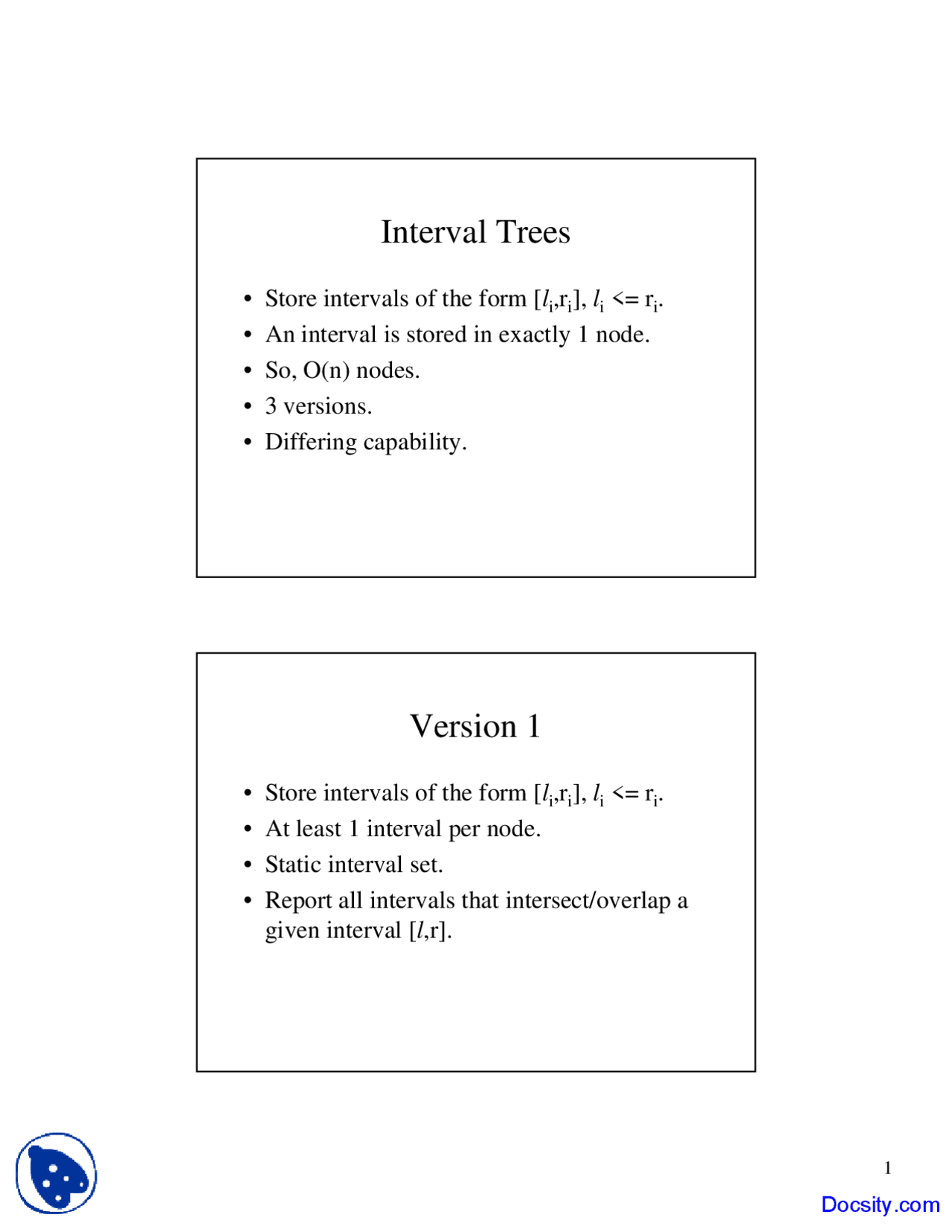 Interval Trees - Advanced Data Structures - Lecture Slides - Docsity