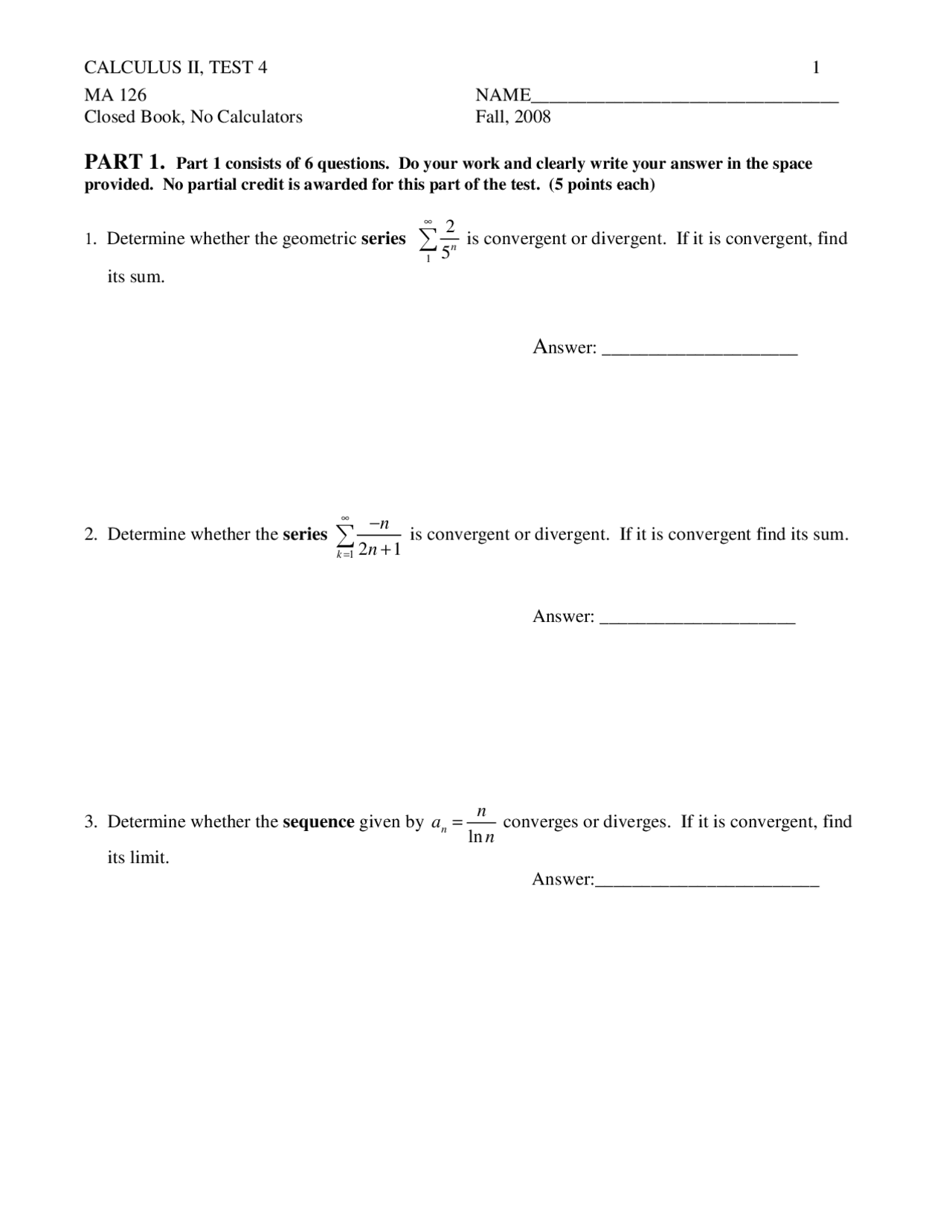 Integral Test Calc 2 Examples Integral Test - Calculus II - Exam - Docsity