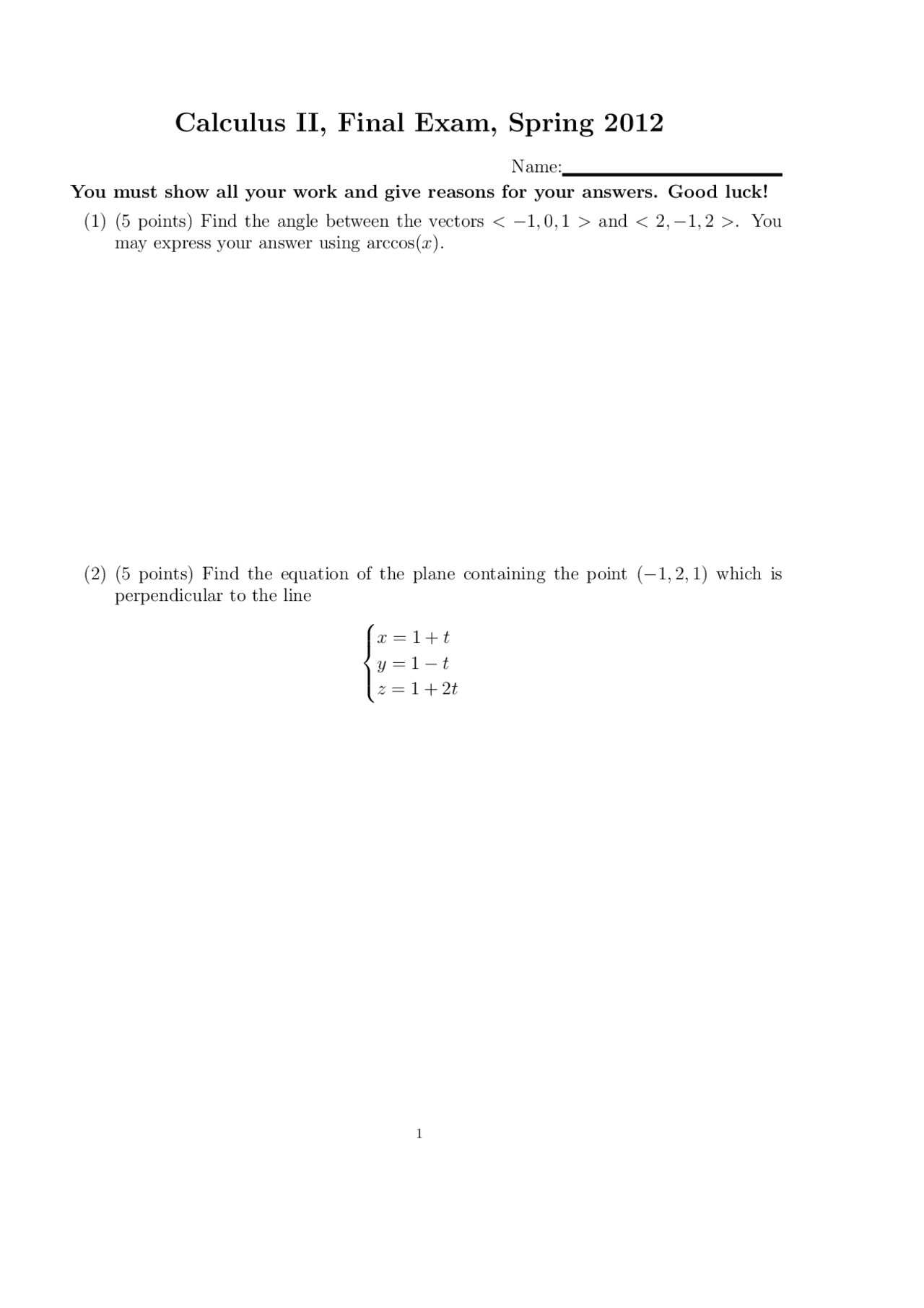 Calculus II, Spring 2012 Final Exam | Exams Calculus | Docsity