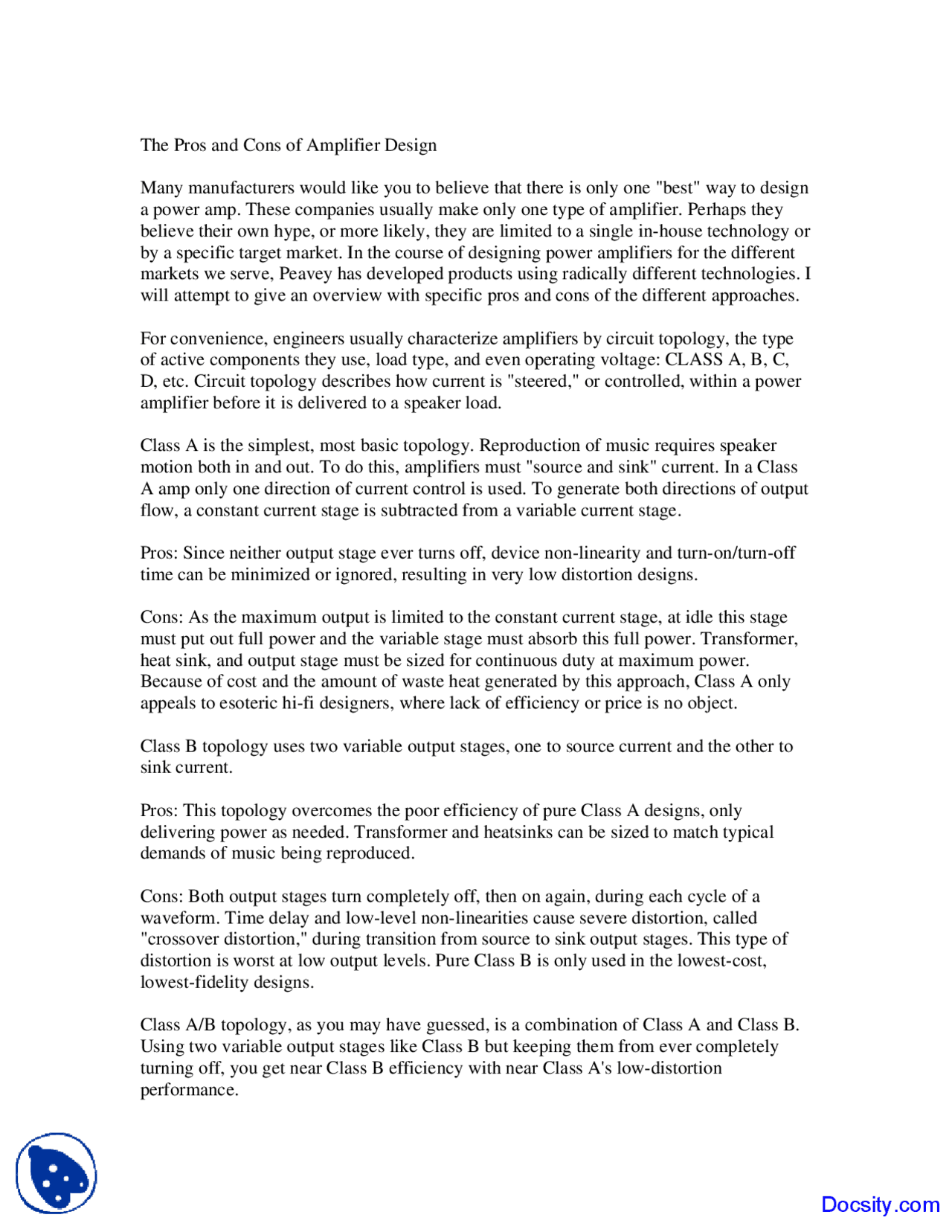 Pros and Cons of Amplifier Design Analog Circuits and Systems Design