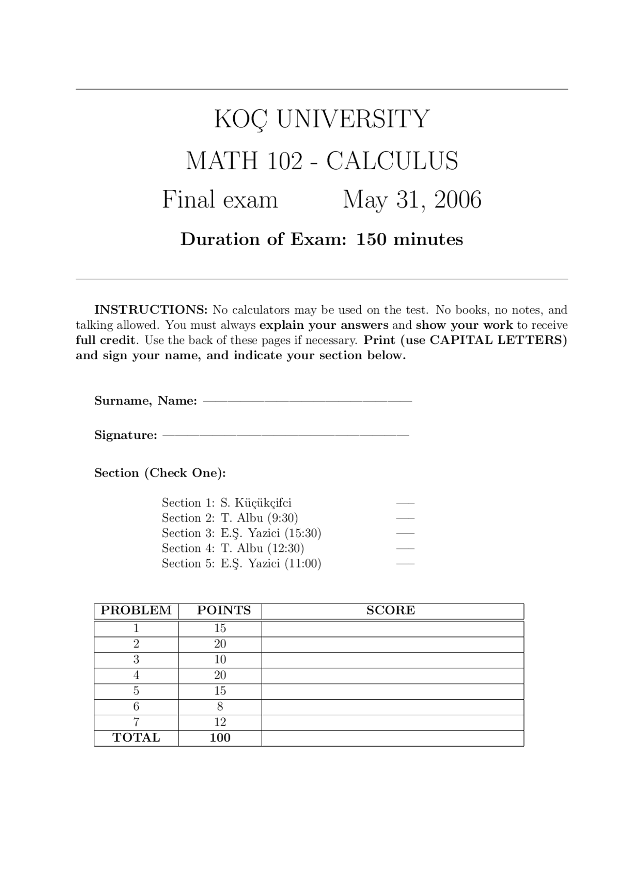 KOC University MATH 102 - Calculus Final Exam: Comprehensive Problems ...