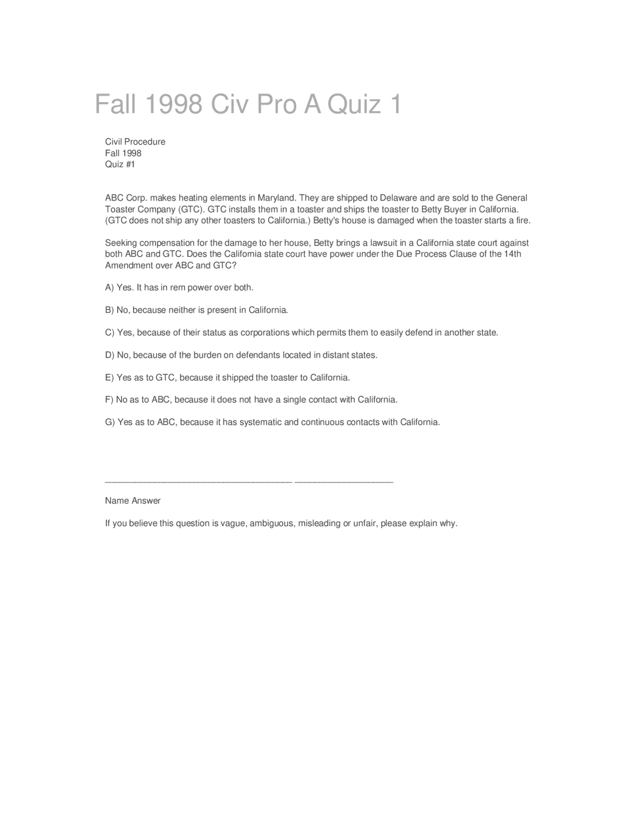 Compensatory Damages Civil Procedure Quiz Docsity