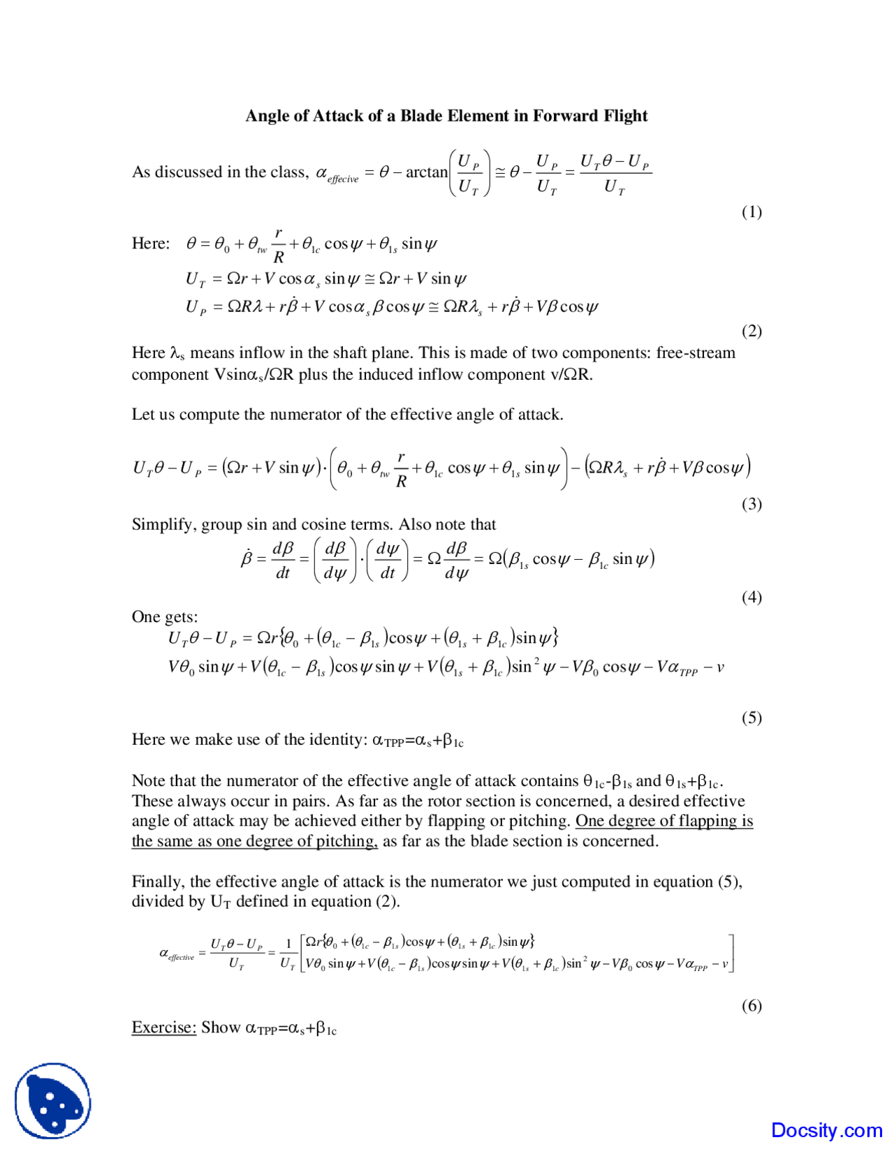 Angle of Attack - Rotorcraft Aerodynamics - Lecture Notes - Docsity