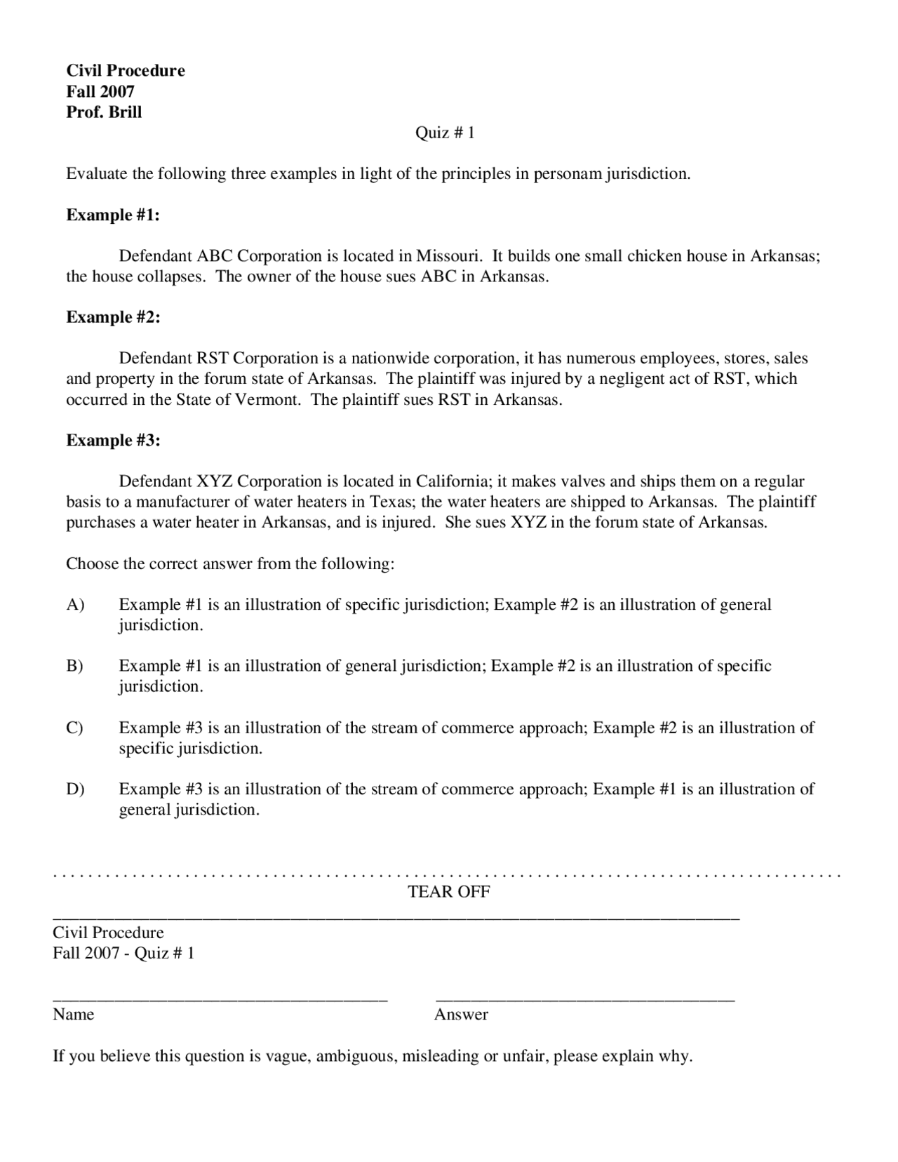 Stream of Commerce Approach Civil Procedure Quiz Docsity