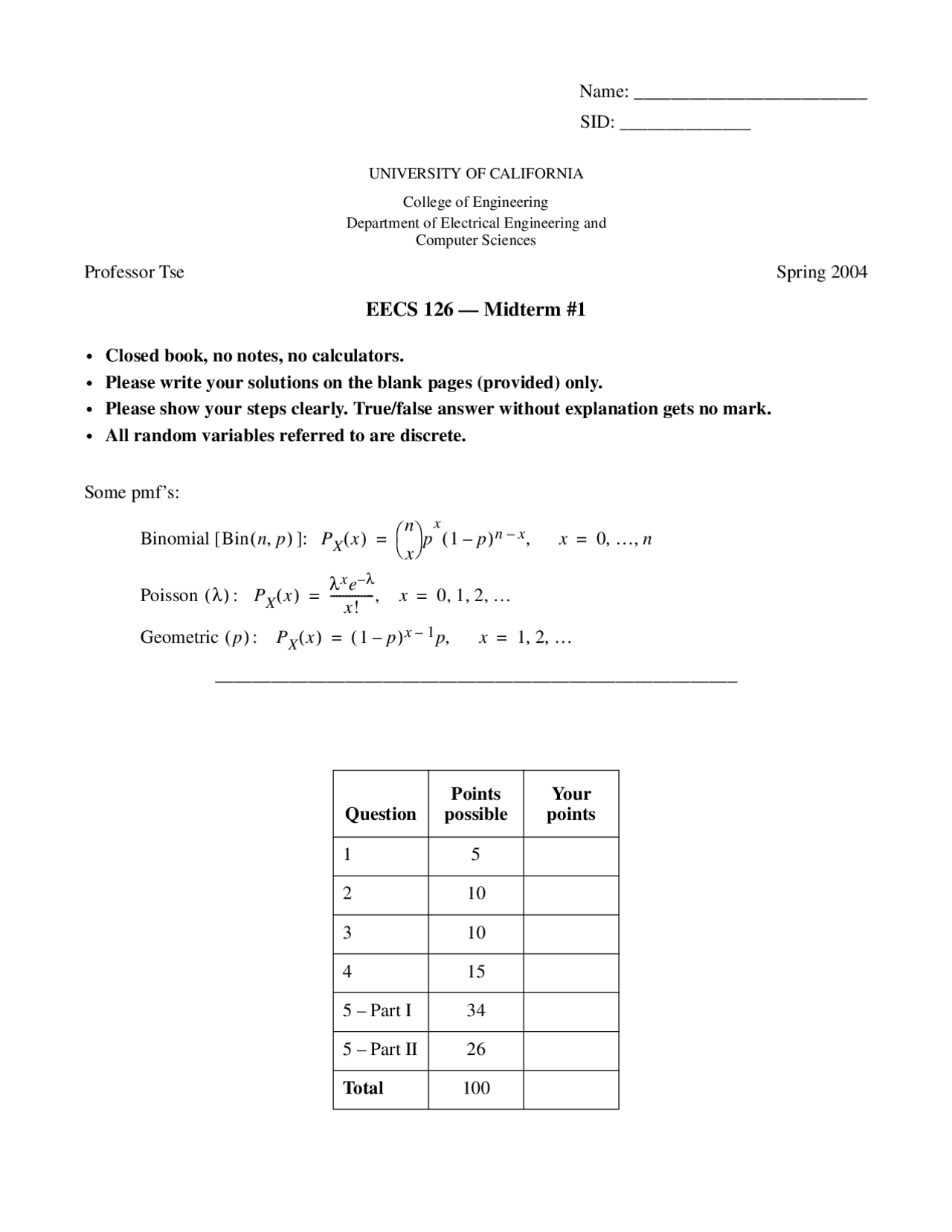 Independent Flips - Probability and Random Processes - Exam - Docsity