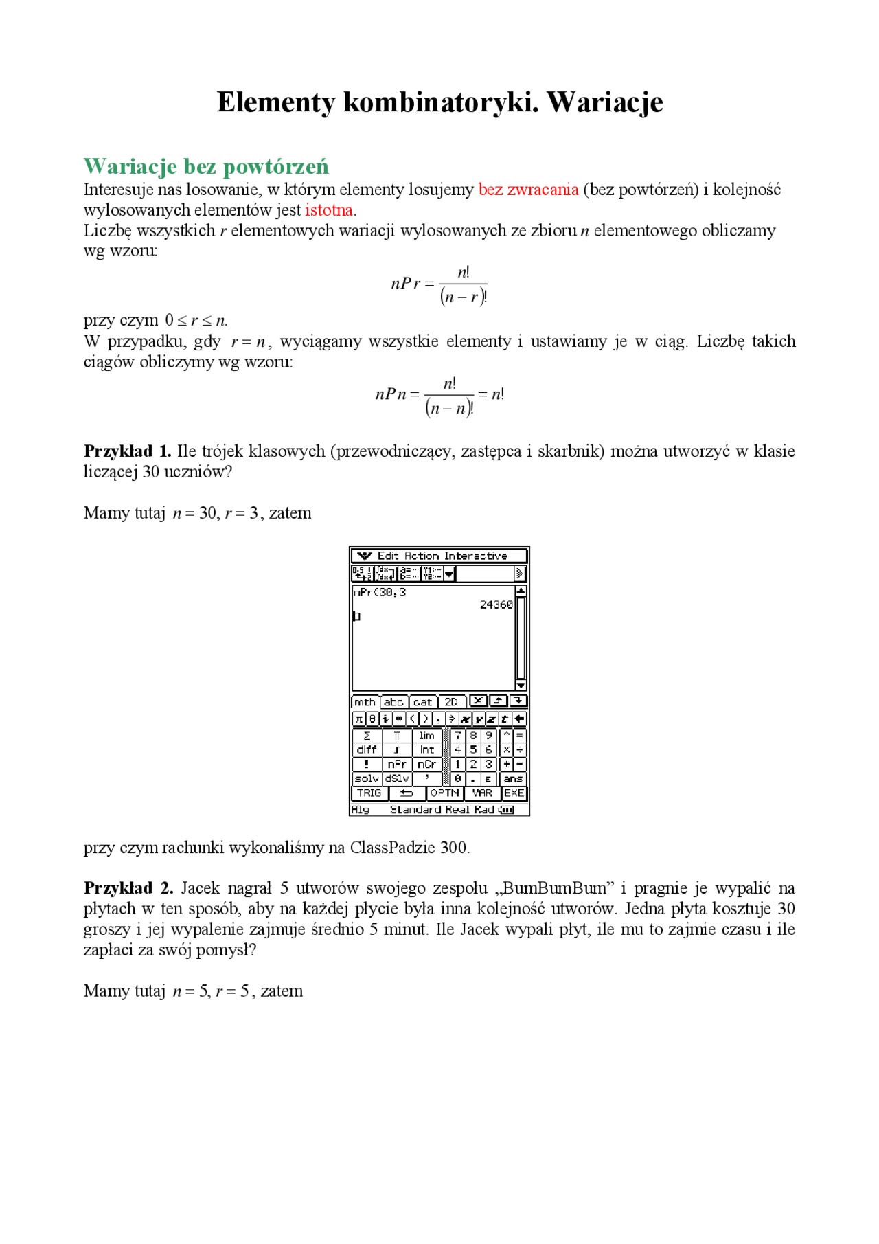 Elementy kombinatoryki, wariacje - Notatki - Rachunek