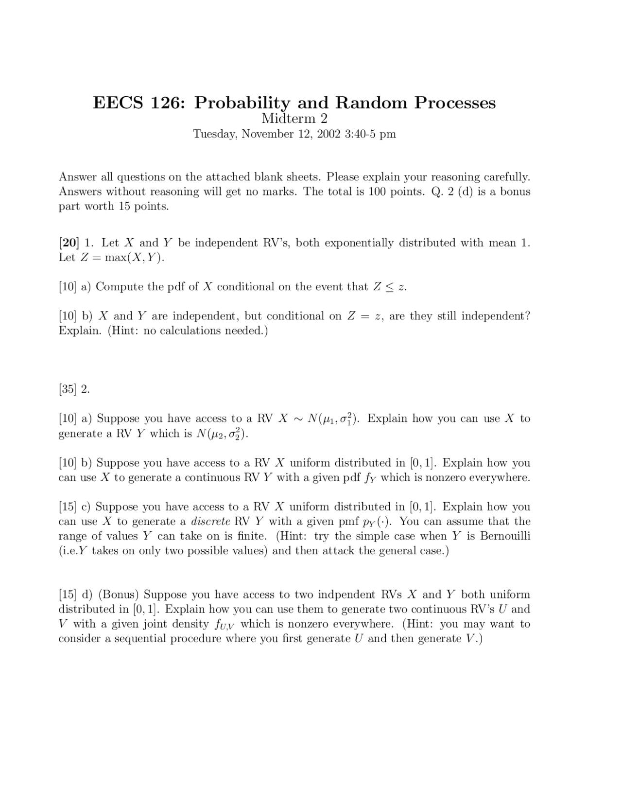 Independent - Probability and Random Processes - Exam - Docsity