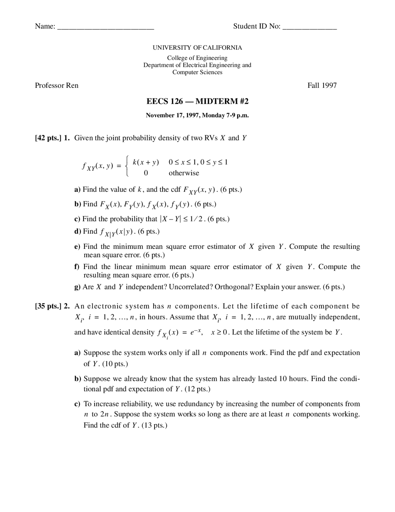 Probability Density - Probability and Random Processes - Exam - Docsity