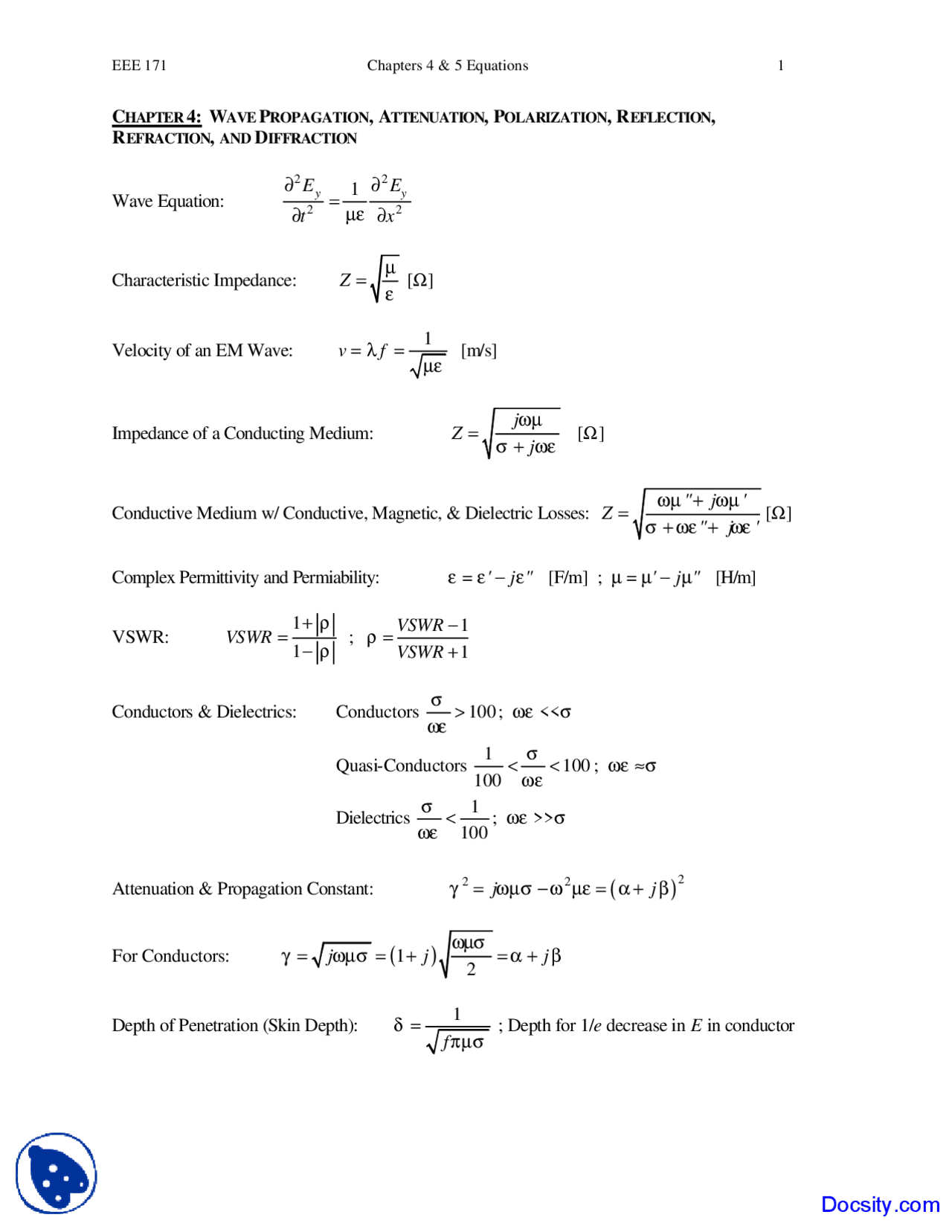Equations - Communication Transmission Principles - Lecture Notes - Docsity