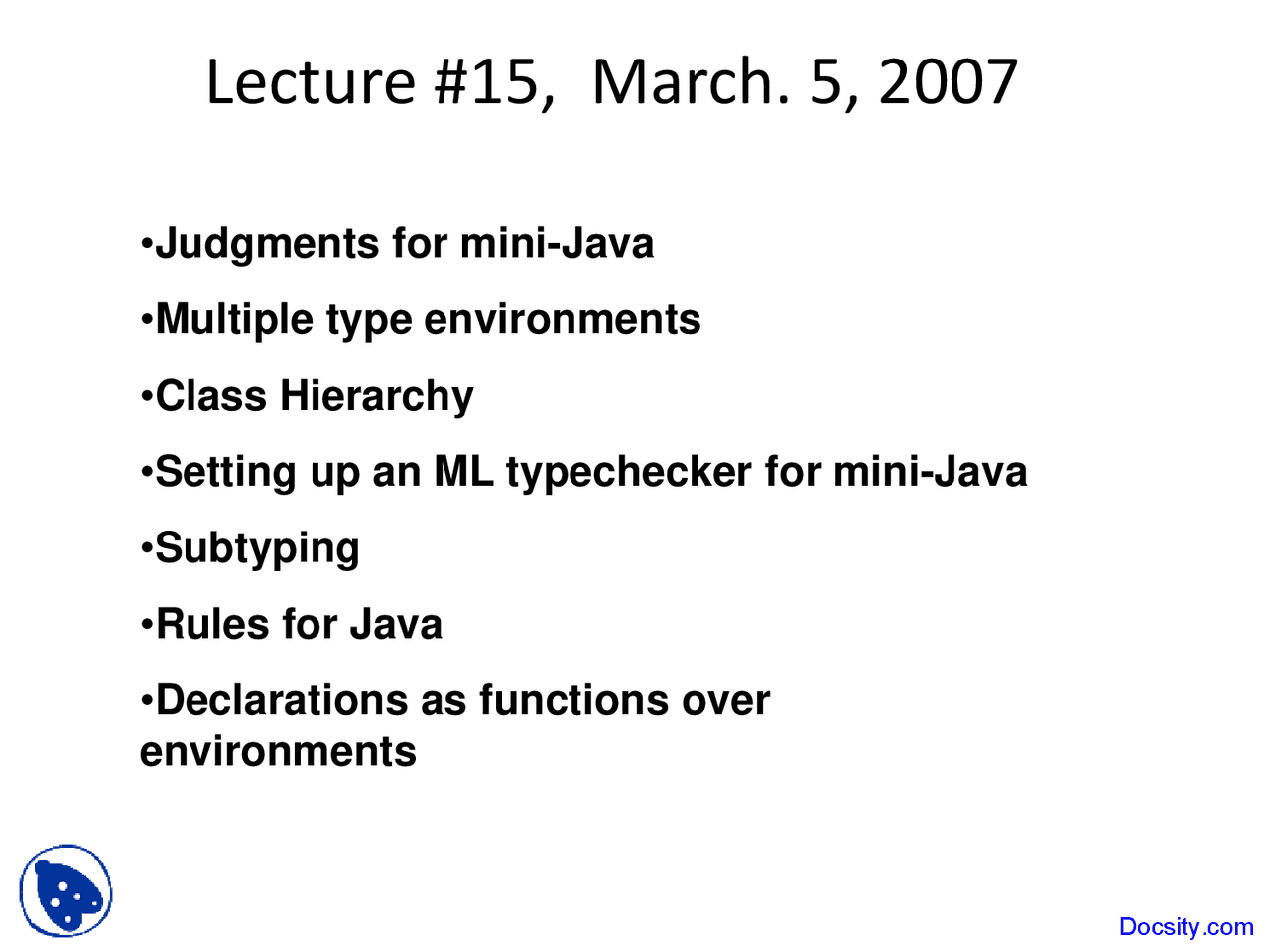 Judgments for Mini-Java - Compiler Design - Lecture Slides - Docsity