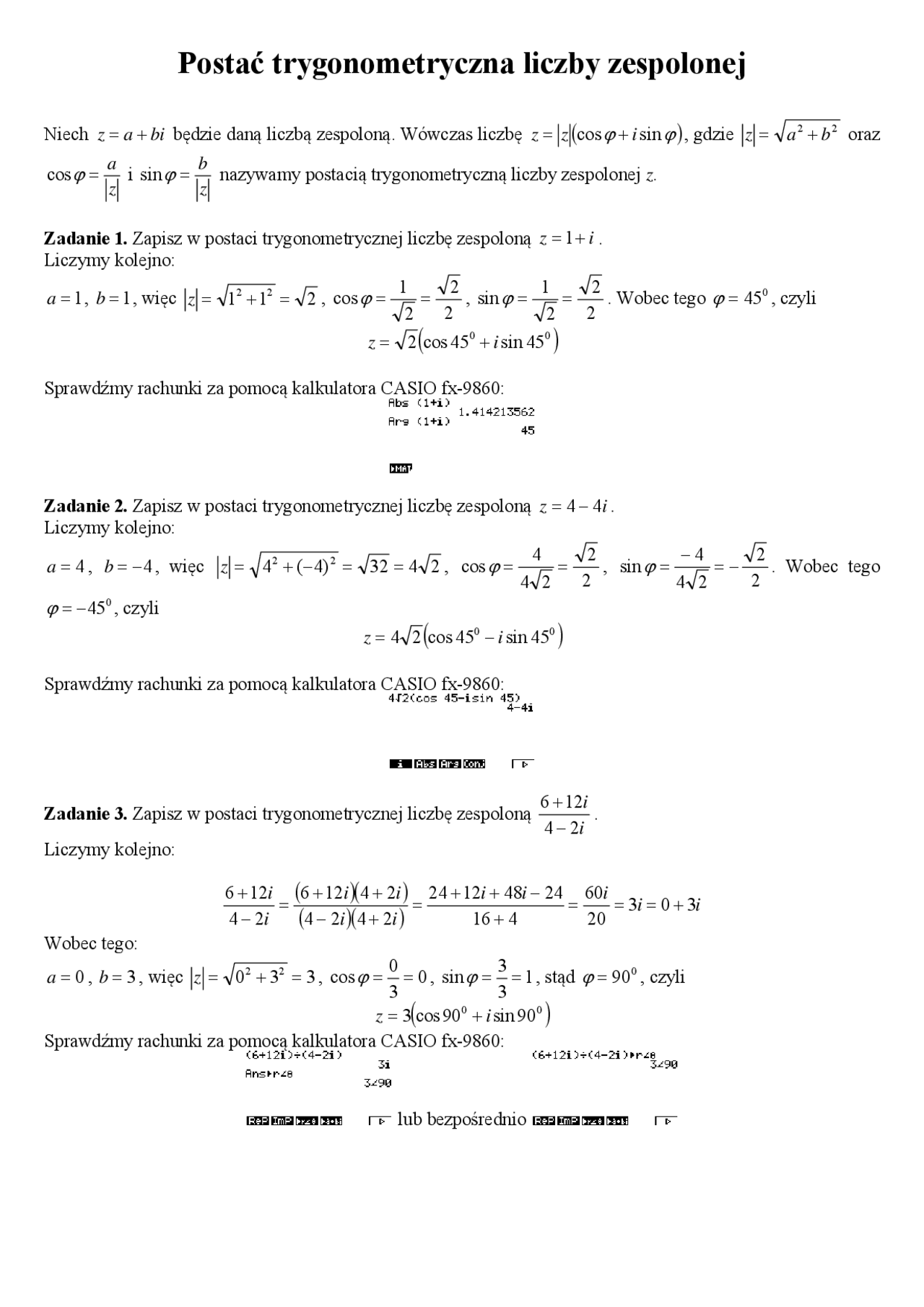 Postać trygonometryczna liczby zespolonej - Notatki - Algebra - Docsity
