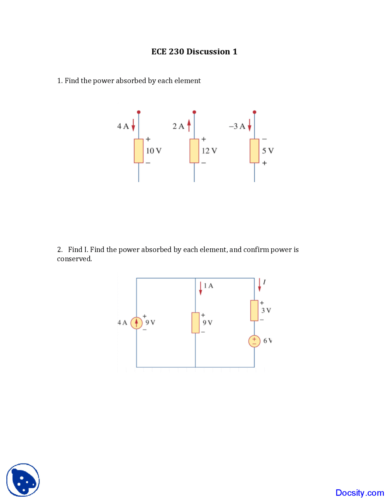 Power Absorbed by Element Circuit Analysis Quiz Docsity