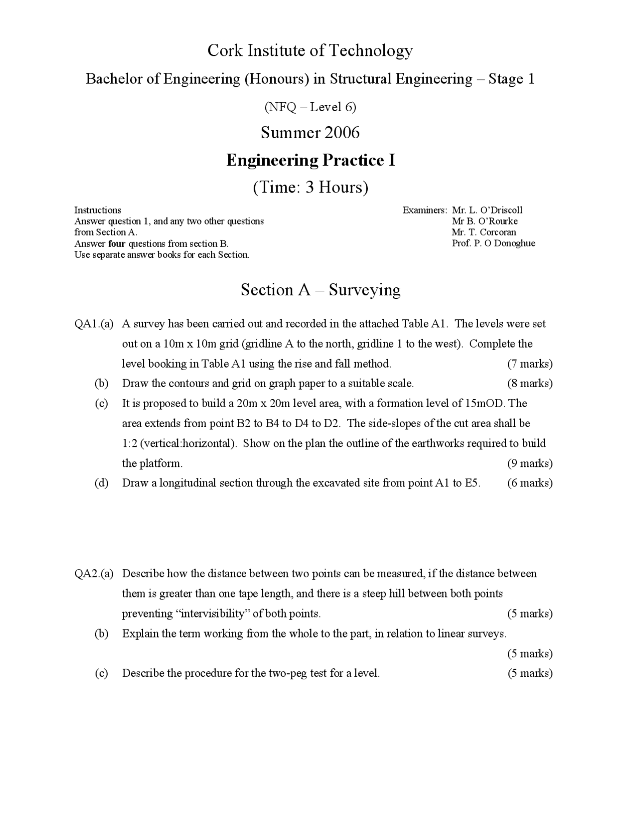 Two-Peg Test for Level - Engineering Practice - Old Exam Paper - Docsity